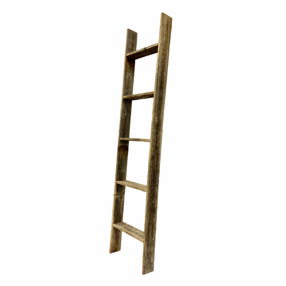 5 Step Rustic Weathered Grey Wood Ladder Shelf showcasing its unique handcrafted design and reclaimed wood finish.