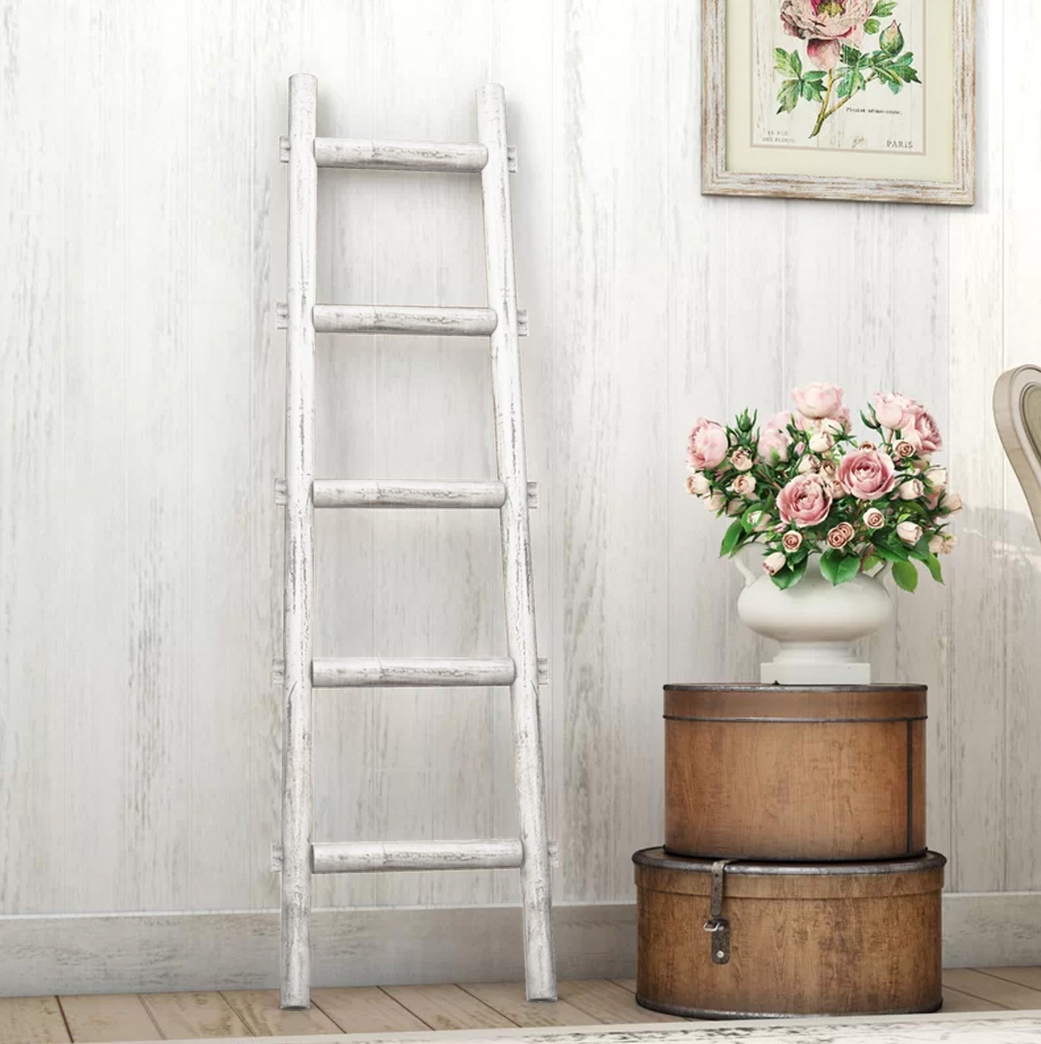 5 Step White Decorative Ladder Shelve showcasing a classic design with five steps for displaying towels and accessories.