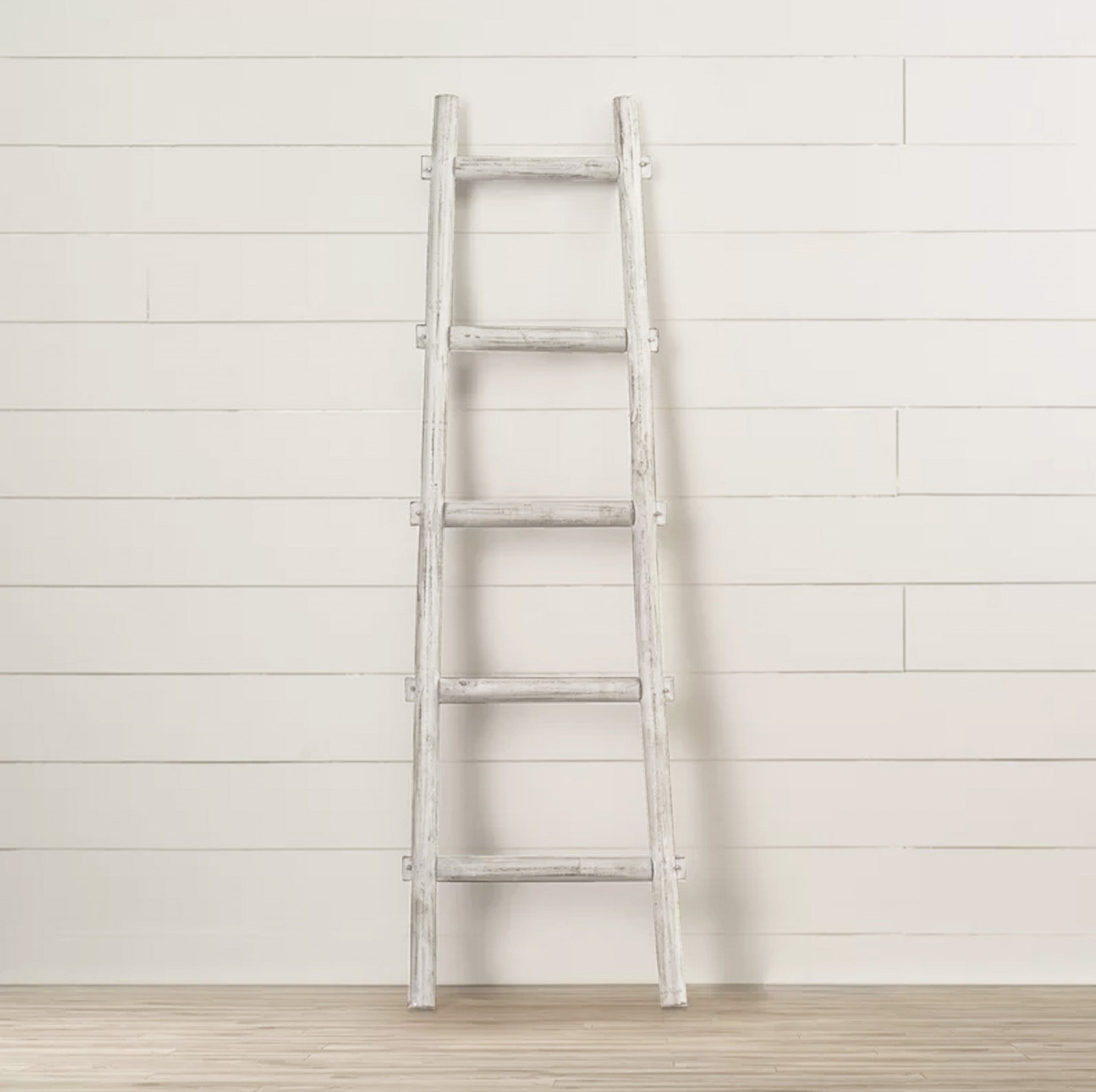 5 Step White Decorative Ladder Shelve showcasing a classic design with five steps for displaying towels and accessories.