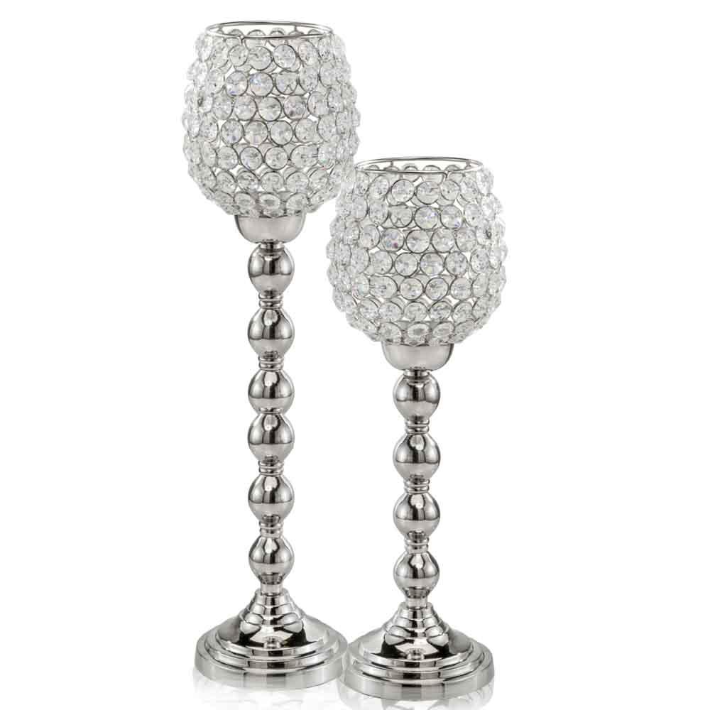 A stunning 5" x 5" x 18" Silver Crystal Tall Candleholder showcasing its elegant design and reflective surface.