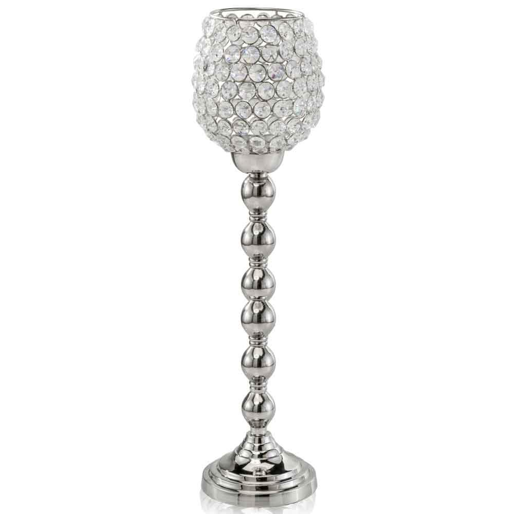 A stunning 5" x 5" x 18" Silver Crystal Tall Candleholder showcasing its elegant design and reflective surface.