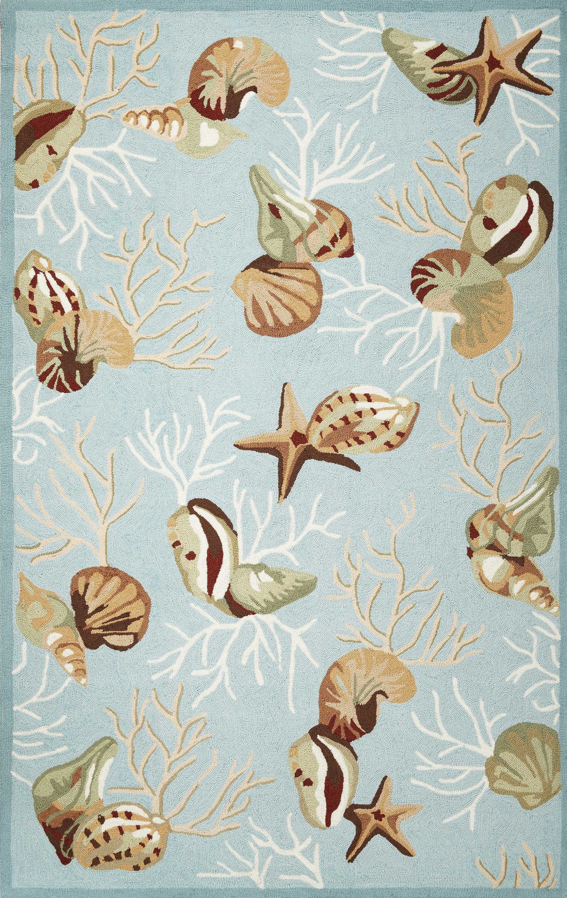 5' x 7' blue corals and shells indoor area rug with vibrant coral reef design, hand-hooked polyester, and cotton backing.