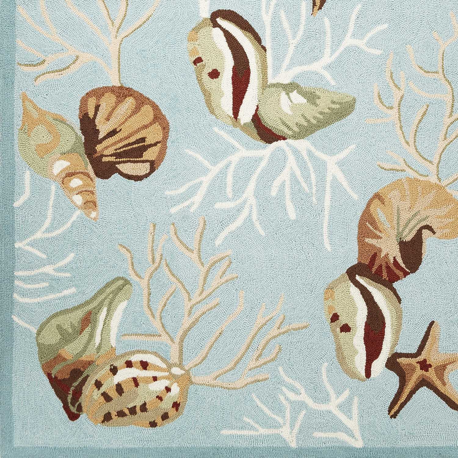 5' x 7' blue corals and shells indoor area rug with vibrant coral reef design, hand-hooked polyester, and cotton backing.