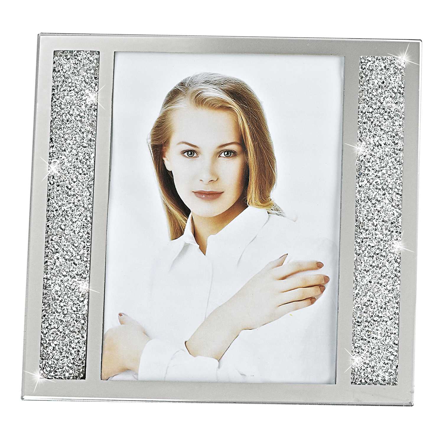 A beautiful 5 x 7 silver crystalized picture frame showcasing a photo, featuring a hand-crafted design that sparkles elegantly.