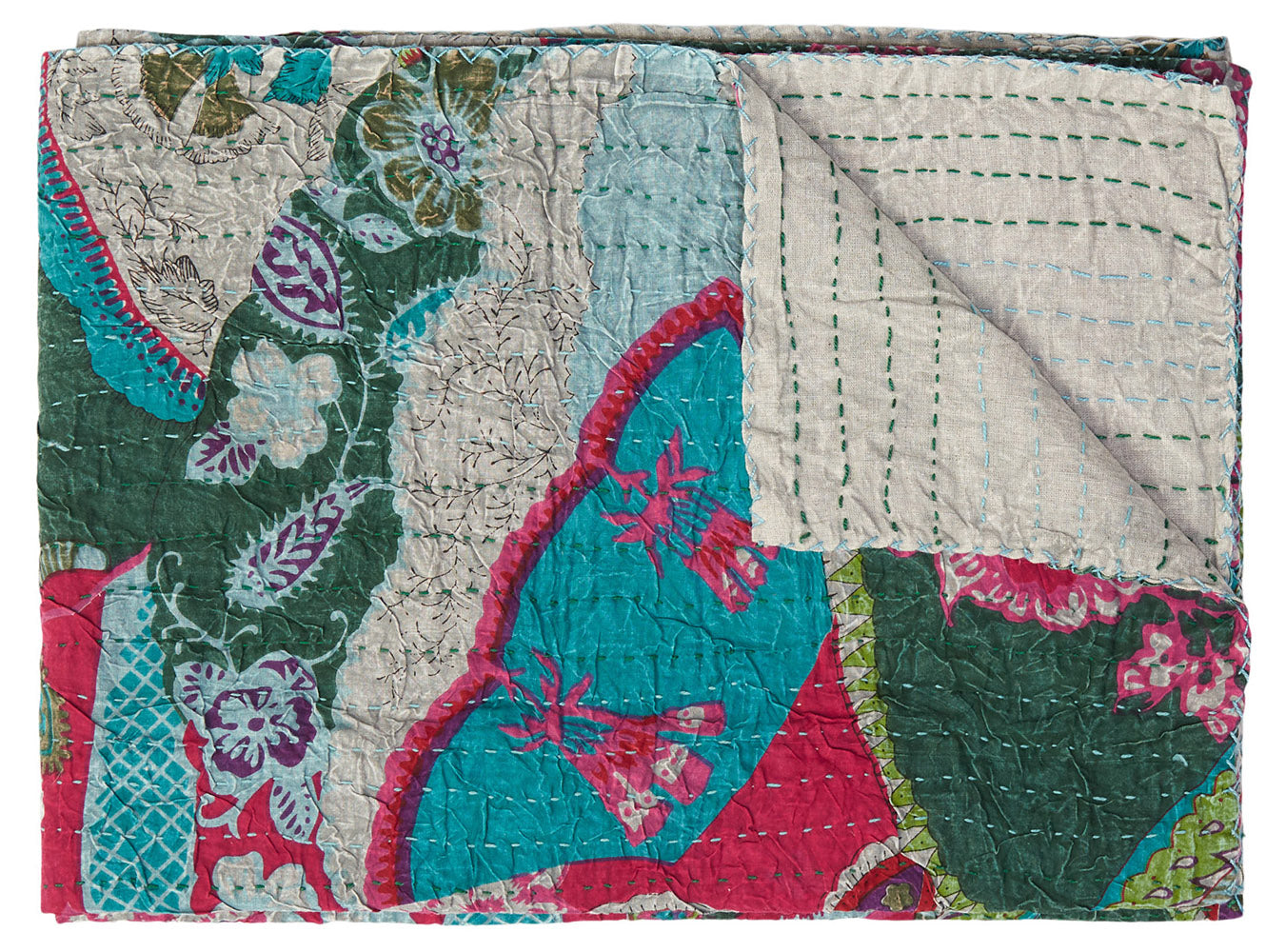 A vibrant multi-colored eclectic bohemian traditional throw measuring 50x70 inches, featuring intricate Kantha embroidery and patchwork design.