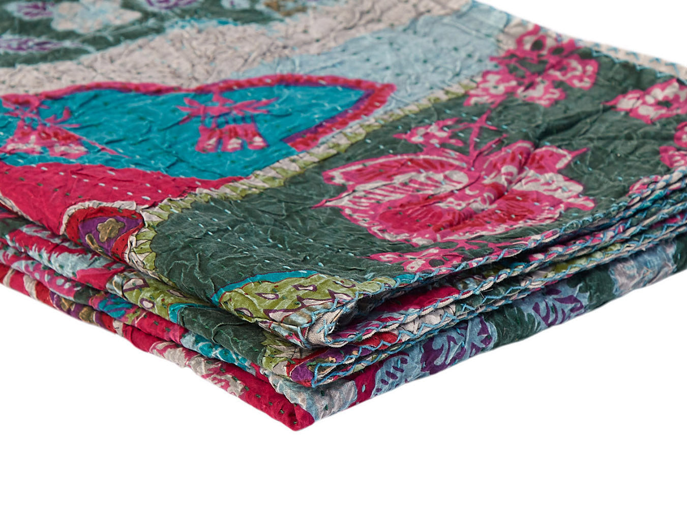 A vibrant multi-colored eclectic bohemian traditional throw measuring 50x70 inches, featuring intricate Kantha embroidery and patchwork design.