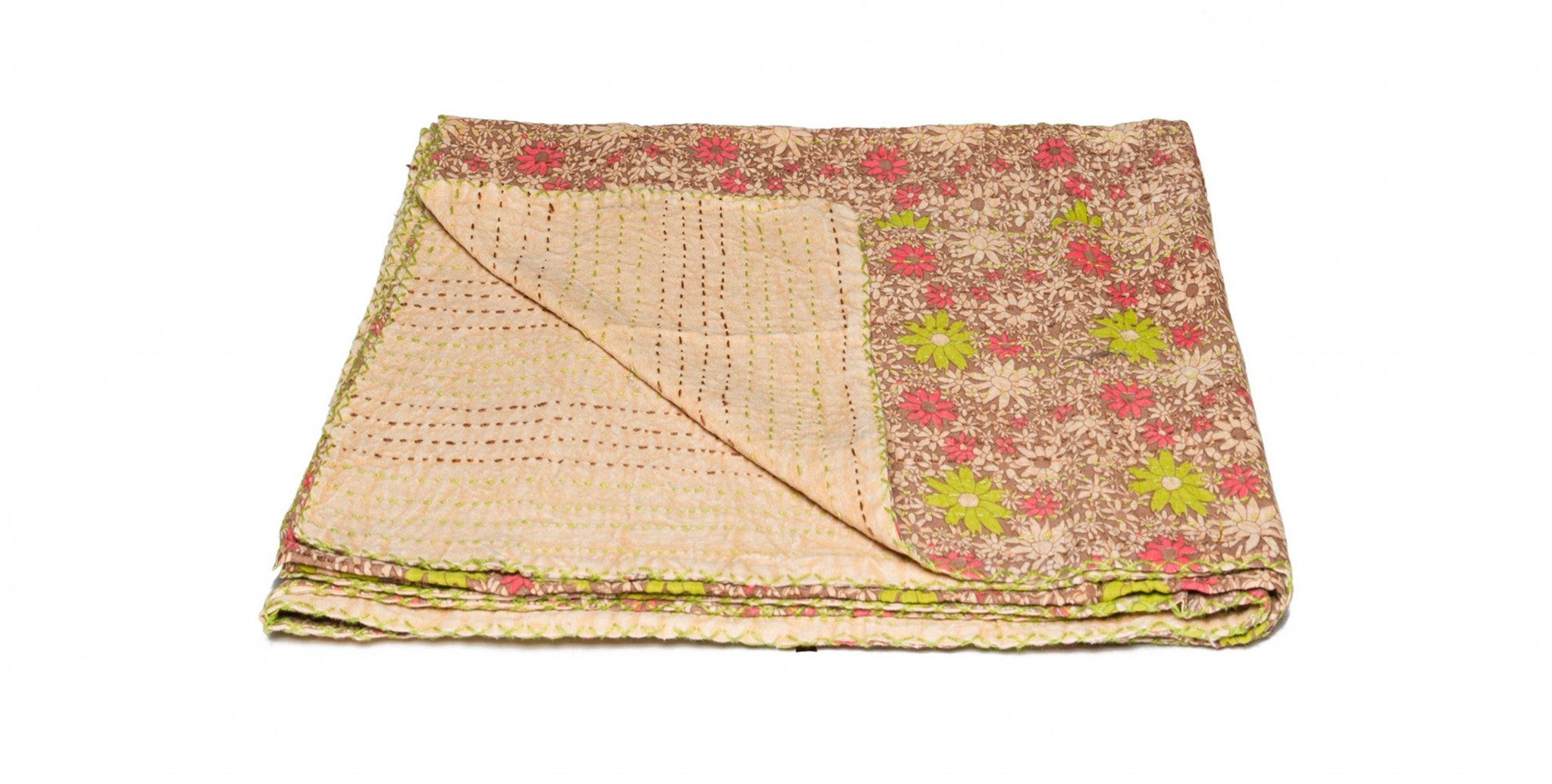 A vibrant 50x70 inches multi-colored eclectic bohemian traditional throw featuring intricate Kantha embroidery and patchwork design.