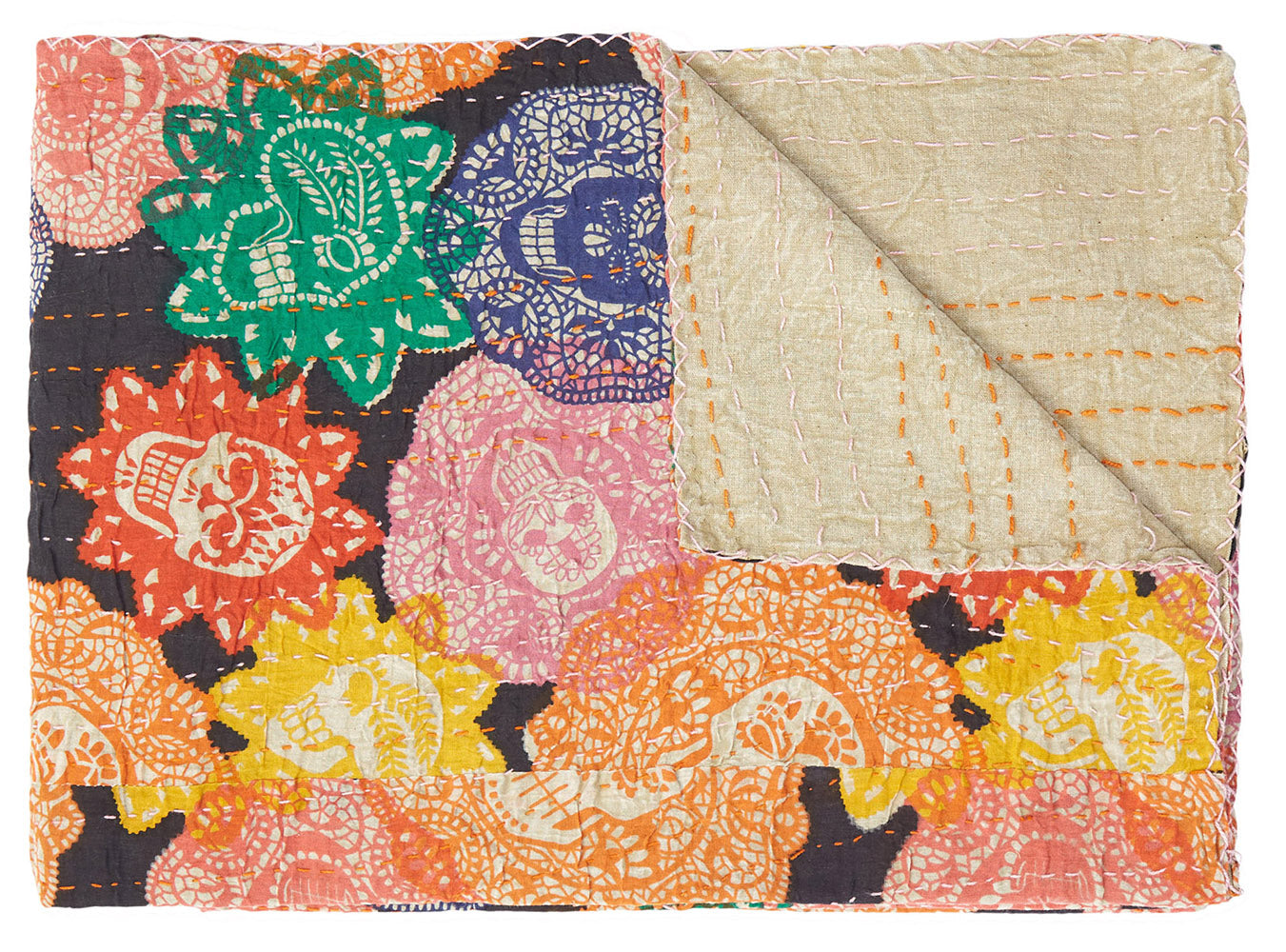 A vibrant 50x70 inches multi-colored eclectic bohemian traditional throw featuring intricate Kantha embroidery and patchwork design.