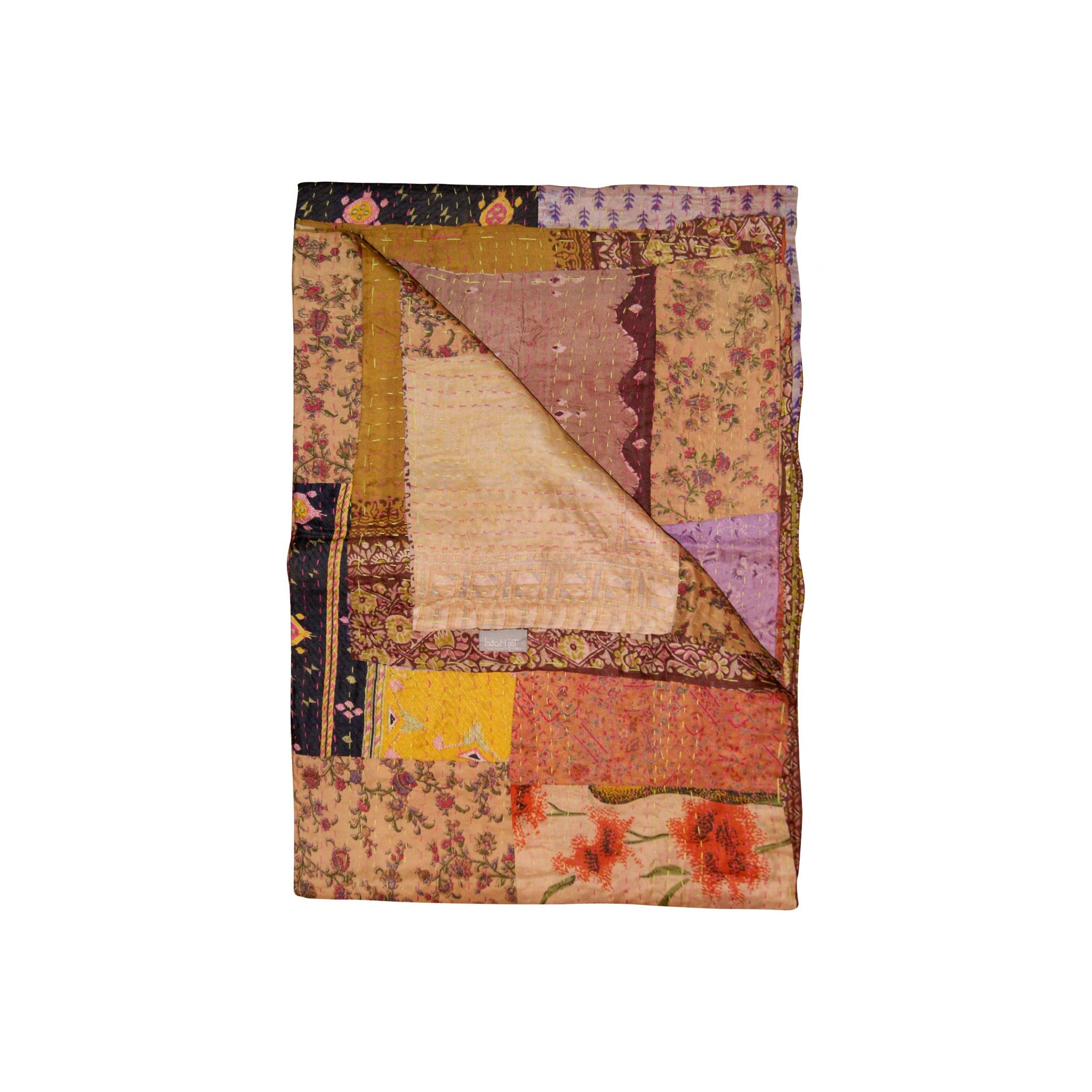 A vibrant 50x70 inches silk multicolor throw showcasing intricate patchwork and embroidery, perfect for home decor.