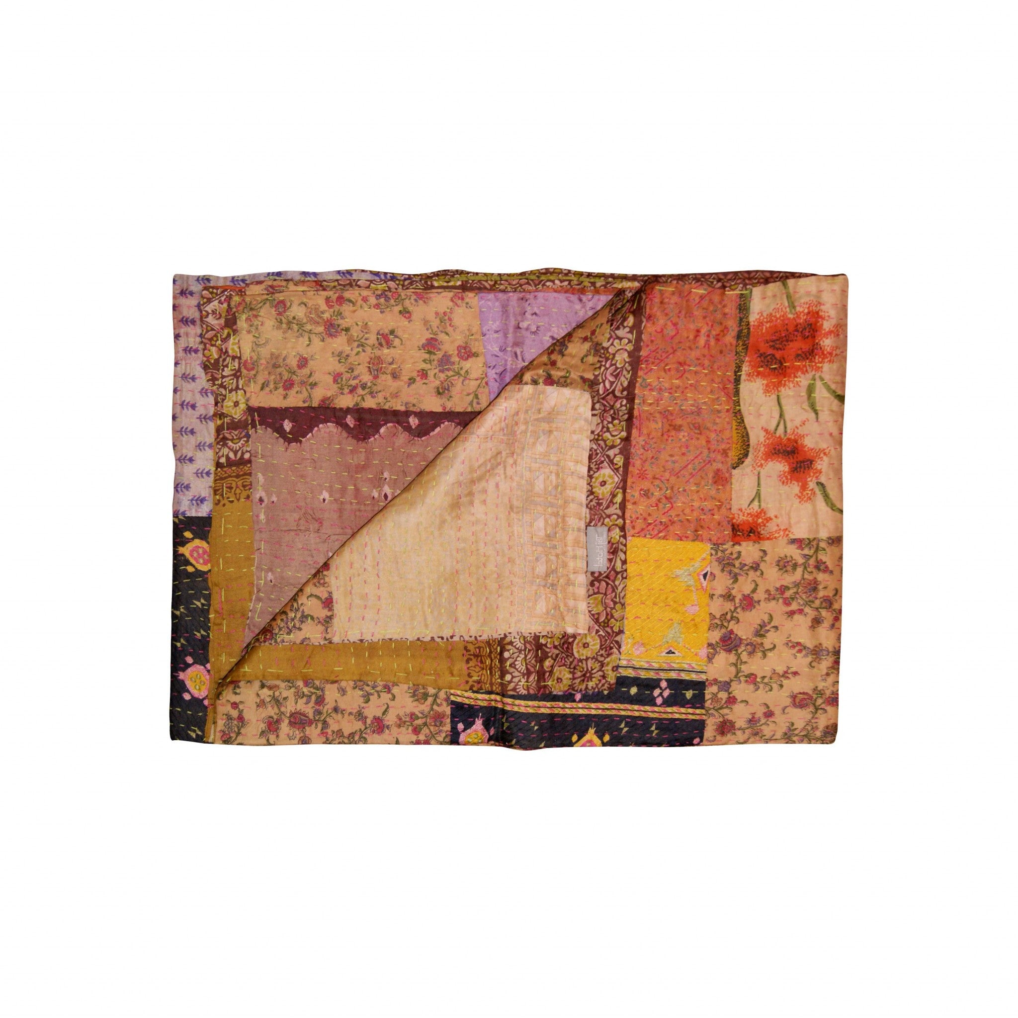 A vibrant 50x70 inches silk multicolor throw showcasing intricate patchwork and embroidery, perfect for home decor.