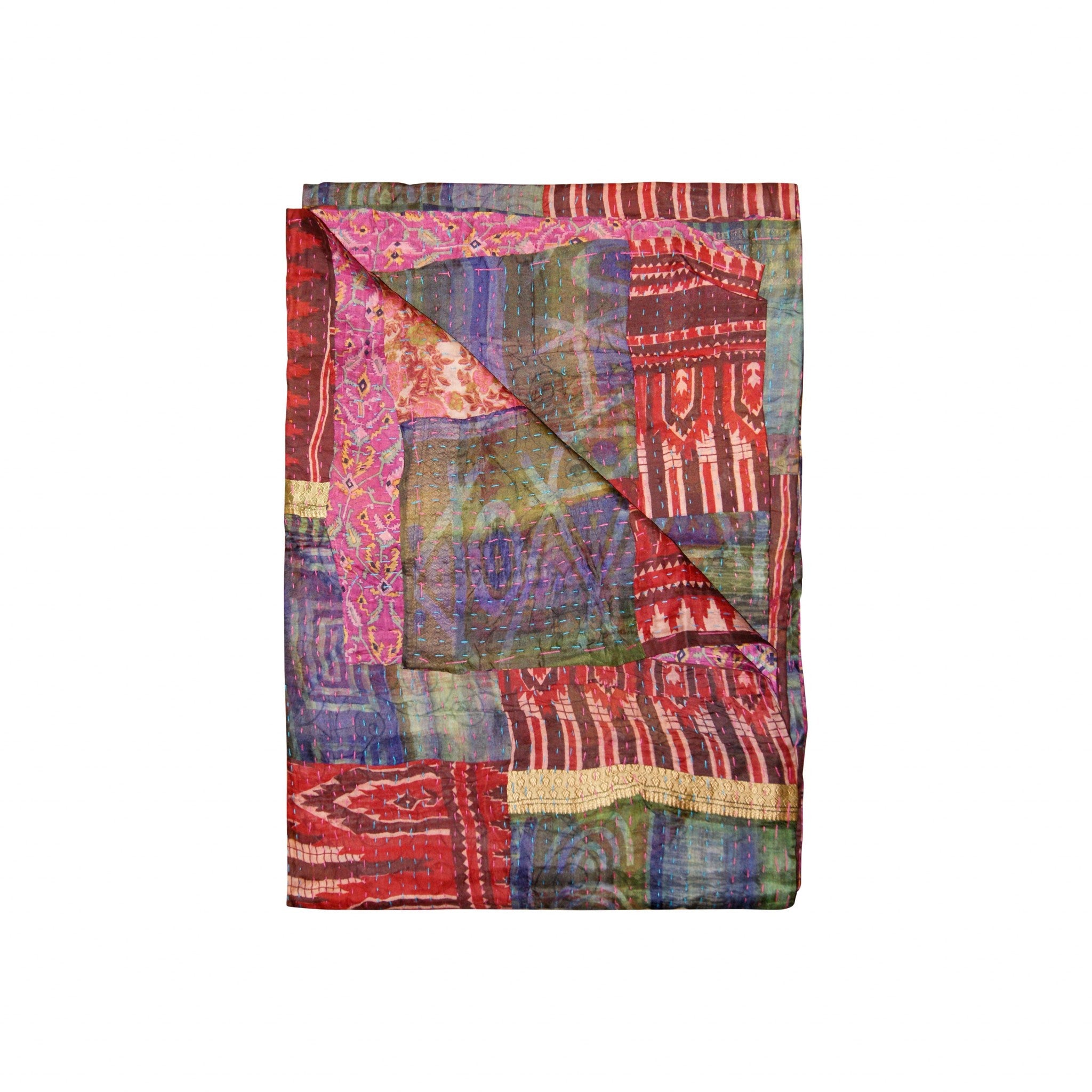 A vibrant 50x70 inches silk multicolor throw showcasing intricate patchwork design, handcrafted by Indian artisans.