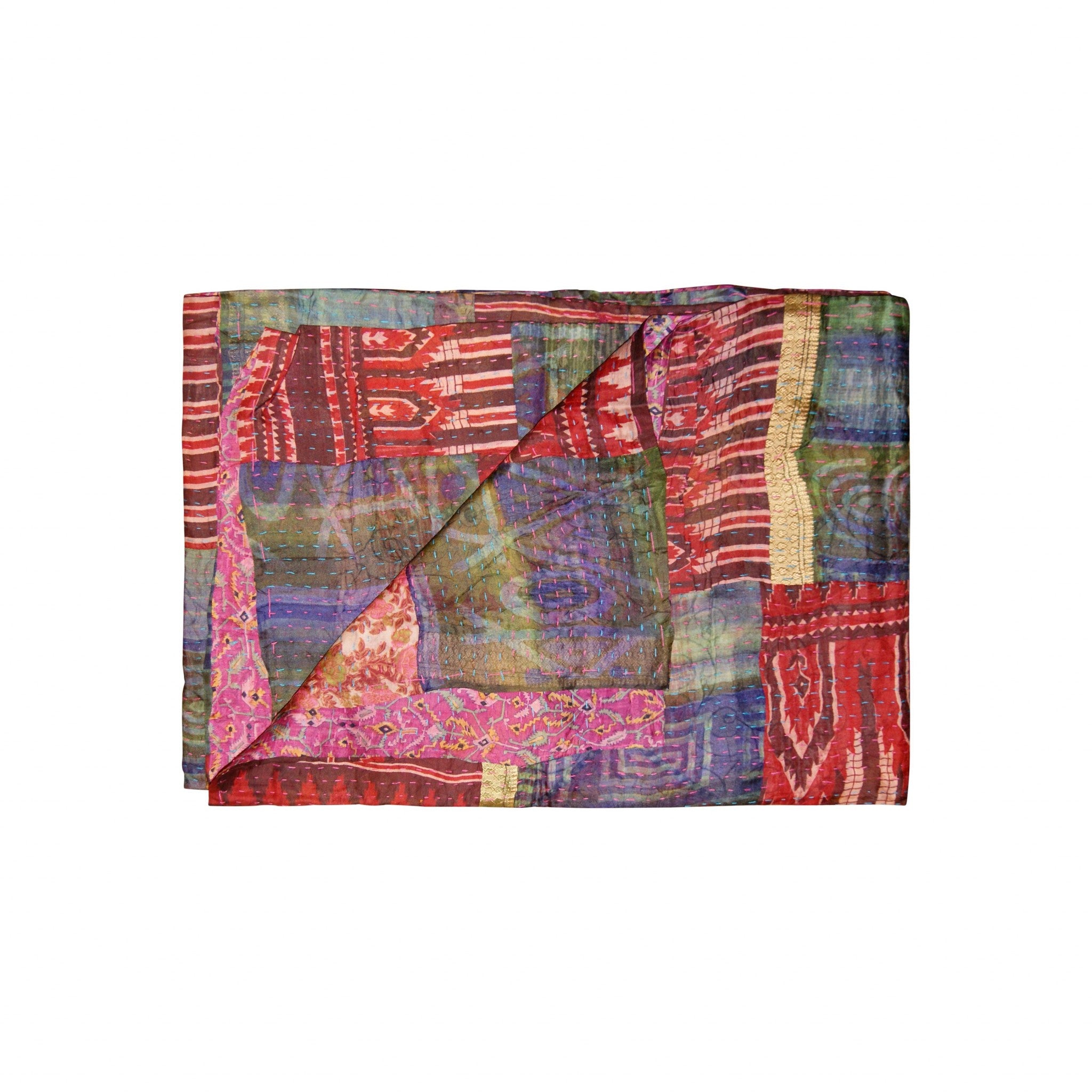 A vibrant 50x70 inches silk multicolor throw showcasing intricate patchwork design, handcrafted by Indian artisans.