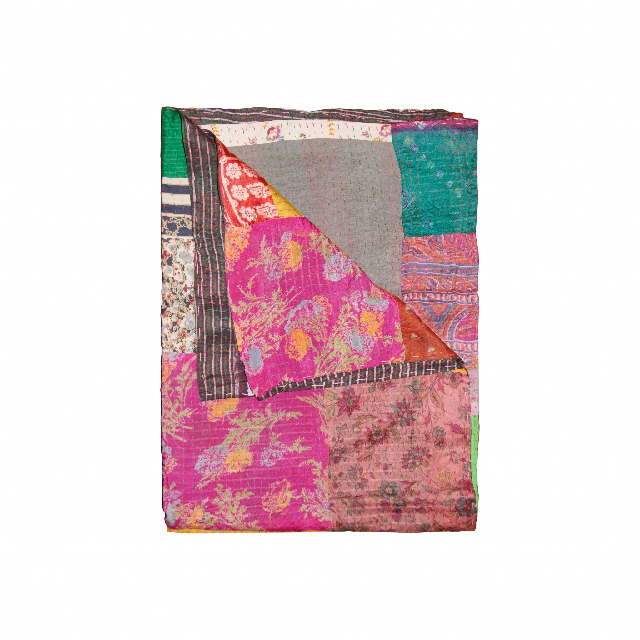 A vibrant 50x70 inches silk multicolor throw showcasing intricate patchwork and luxurious textures, handcrafted by Indian artisans.