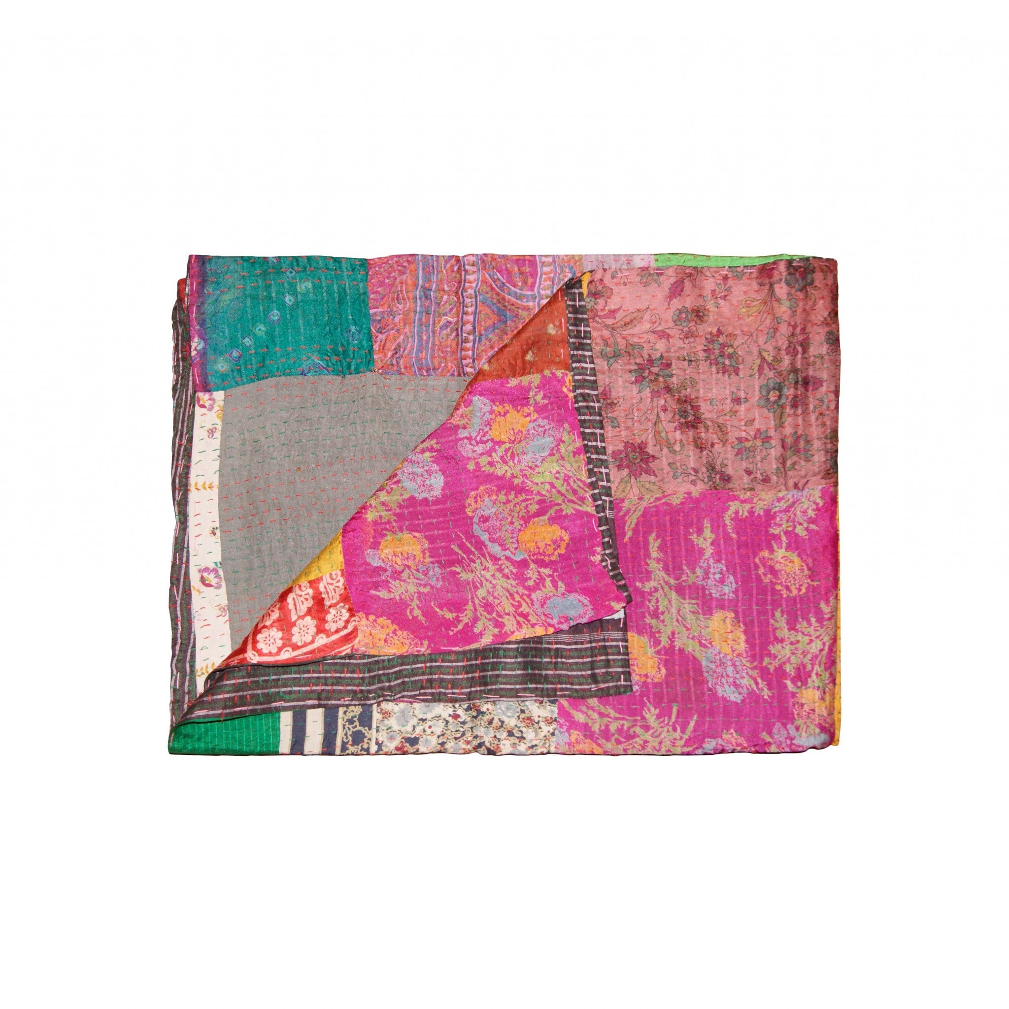 A vibrant 50x70 inches silk multicolor throw showcasing intricate patchwork and luxurious textures, handcrafted by Indian artisans.