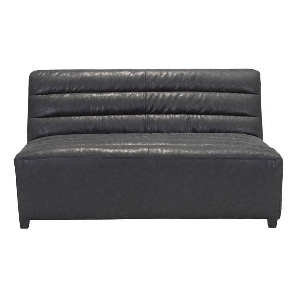 A stylish black functional loveseat with an ultra-modern armless design, featuring deep plush seating upholstered in weathered antique leatherette.