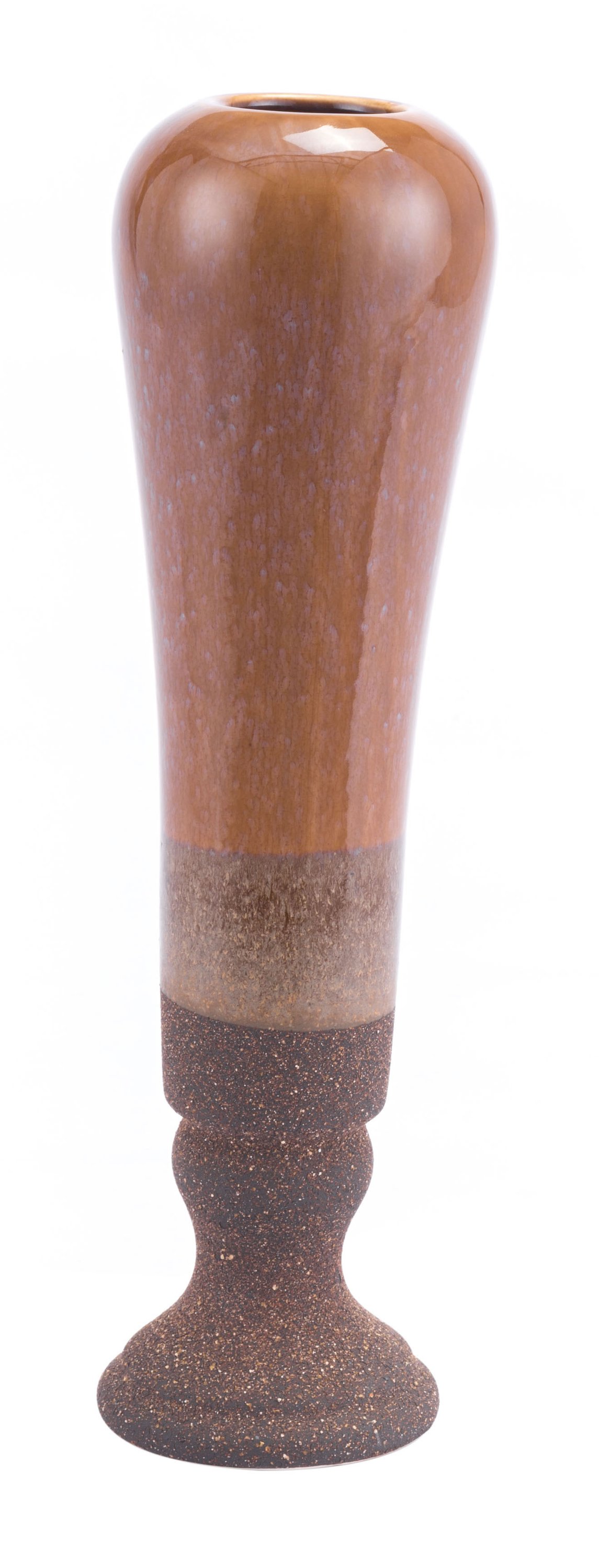 Elegant brown ceramic short vase with a textured base and smooth iridescent top, perfect for home decor.