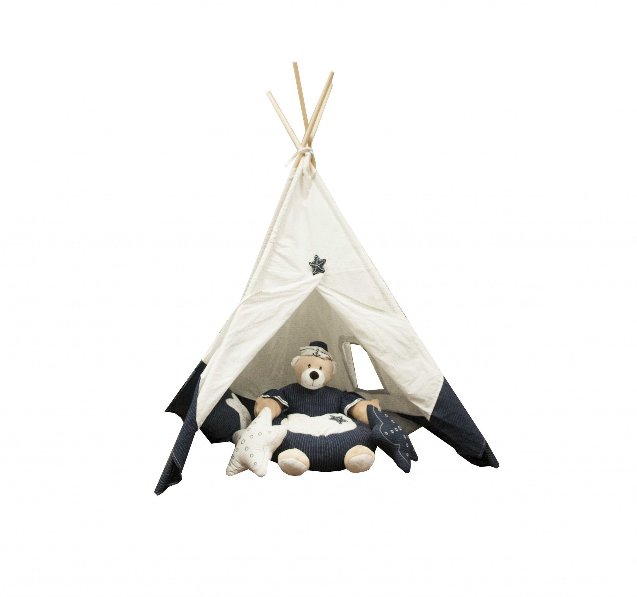 A spacious WhiteBlue Fabric Tent for kids, featuring a pinewood frame and fabric coverings, perfect for indoor play and imaginative adventures.