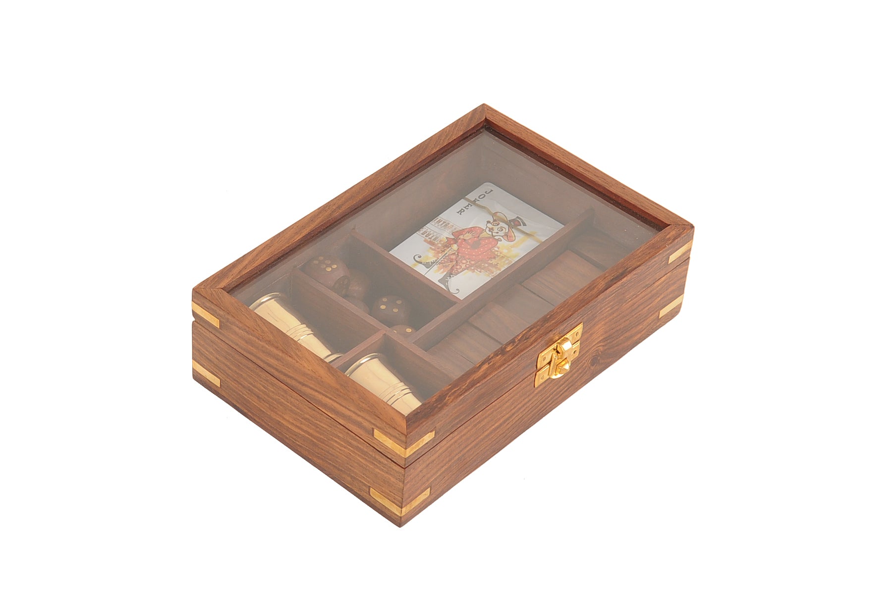 5.25 inches x 8 inches x 2.5 inches wooden game set featuring dice, dominoes, cards, and two brass goblets, elegantly crafted for family entertainment.