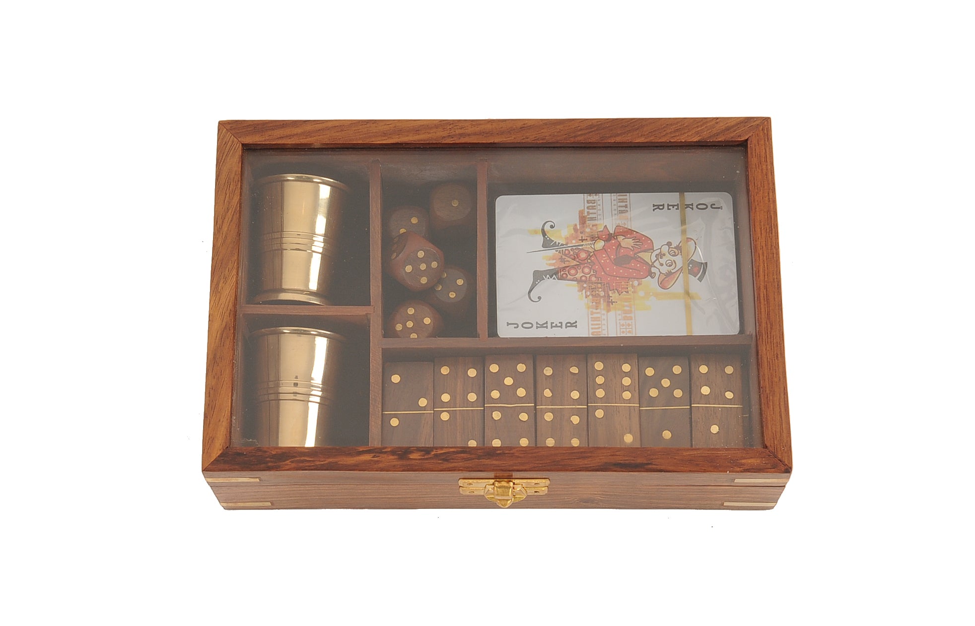 5.25 inches x 8 inches x 2.5 inches wooden game set featuring dice, dominoes, cards, and two brass goblets, elegantly crafted for family entertainment.