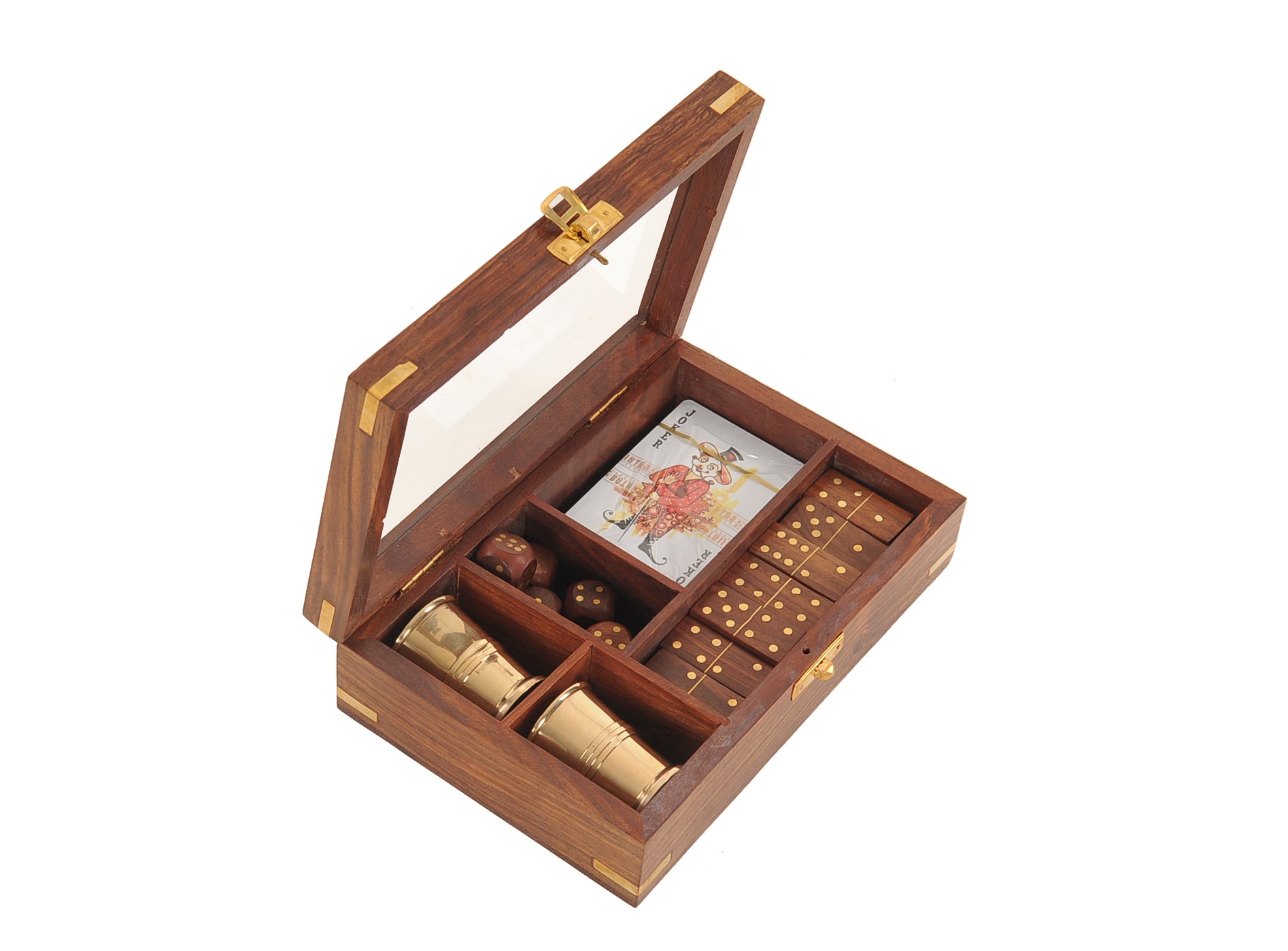 5.25 inches x 8 inches x 2.5 inches wooden game set featuring dice, dominoes, cards, and two brass goblets, elegantly crafted for family entertainment.