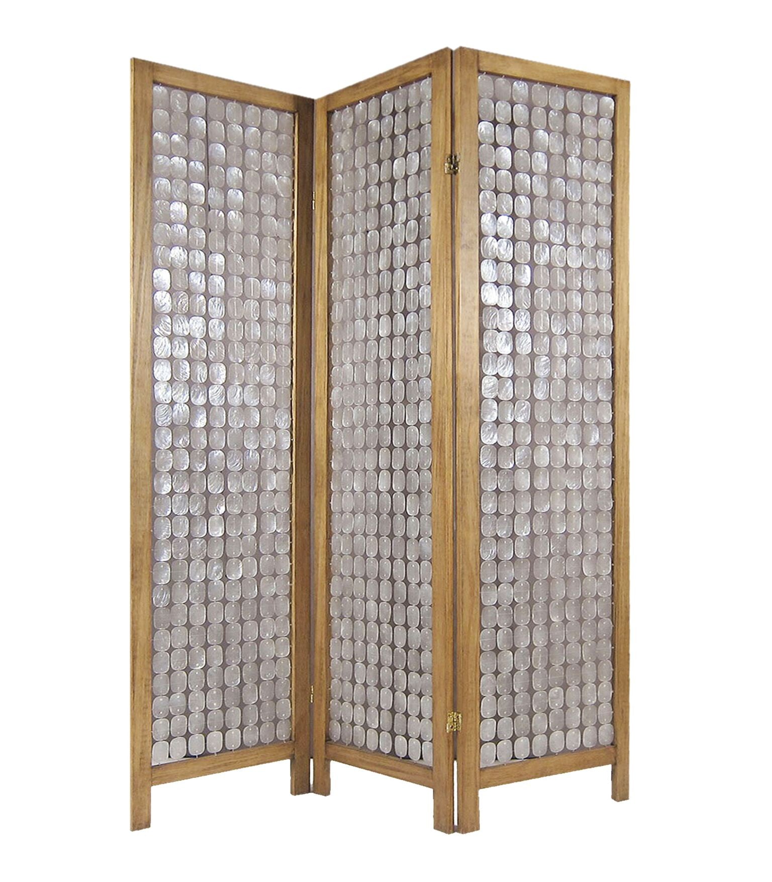 A beautifully handcrafted 54 x 1.5 x 71 Clear Capiz Shell Screen with a sturdy mango hardwood frame and elegant clear shell design.