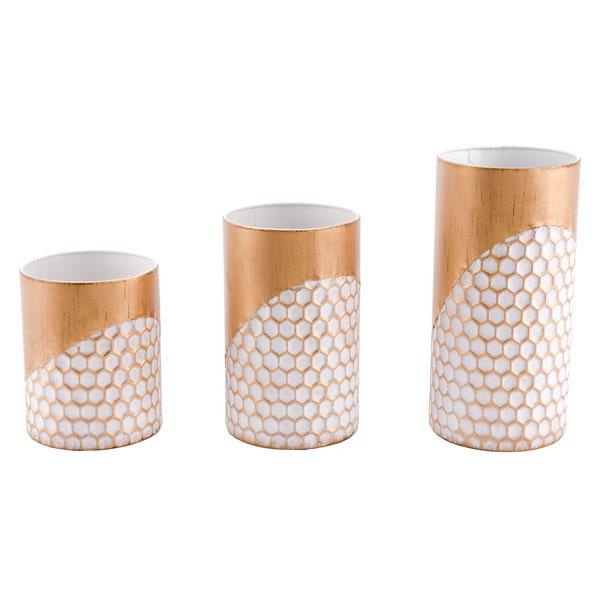 Set of three elegant gold candle holders with mirrored glass and honeycomb-shaped frames, perfect for modern home decor.