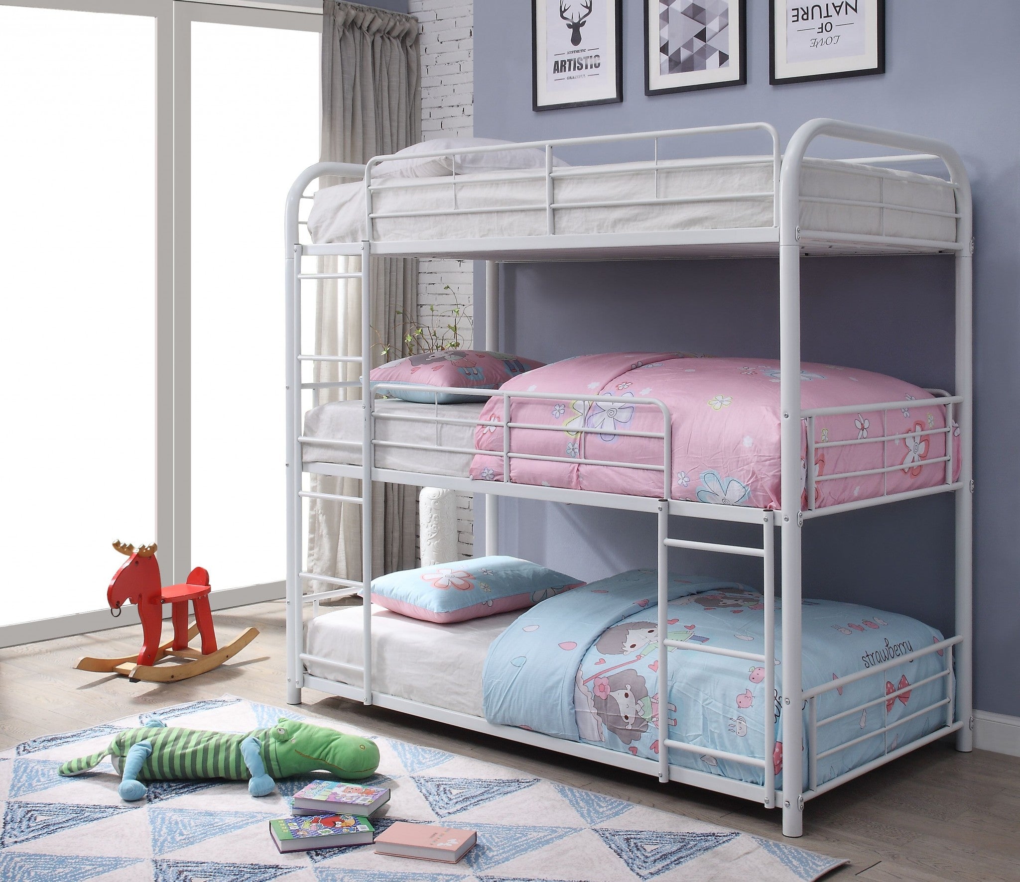 A stylish white metal triple bunk bed with three stacked beds, featuring guardrails and built-in ladders, ideal for small rooms.