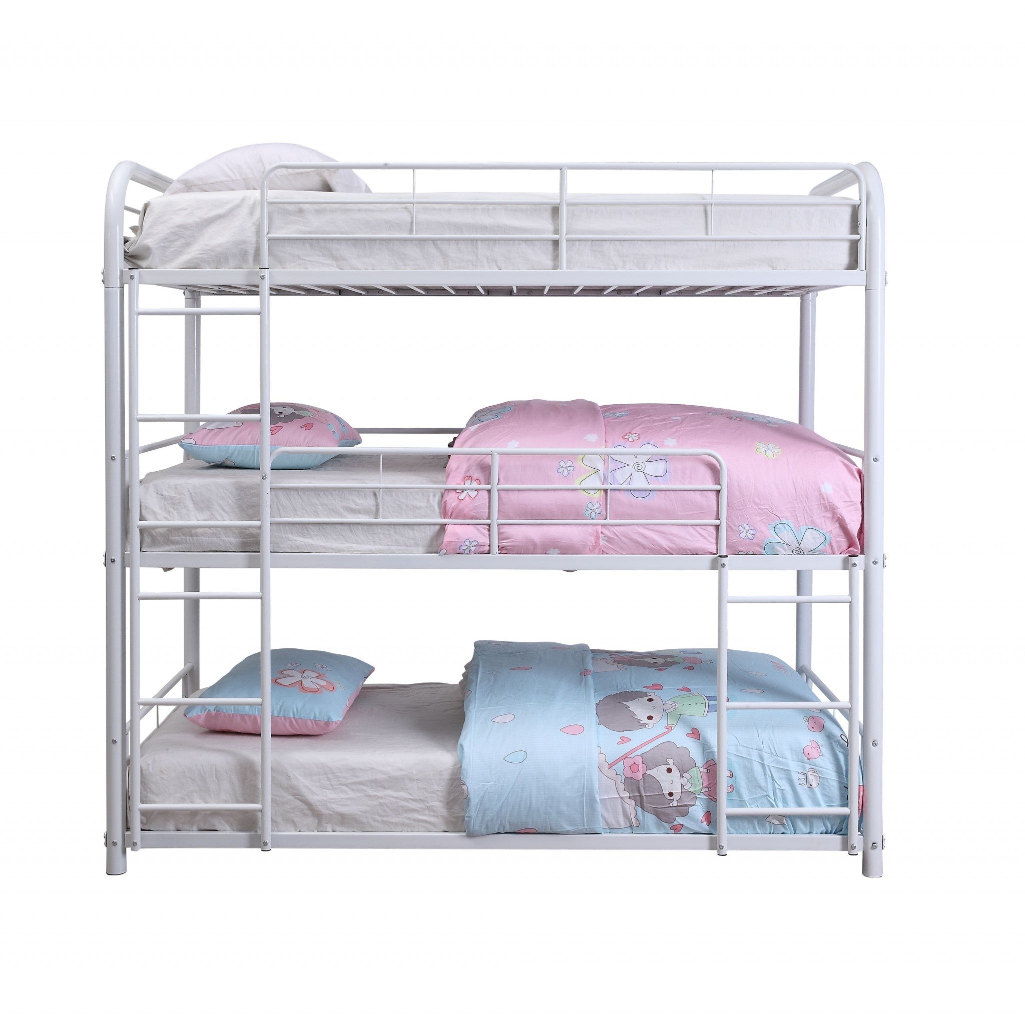 A stylish white metal triple bunk bed with three stacked beds, featuring guardrails and built-in ladders, ideal for small rooms.