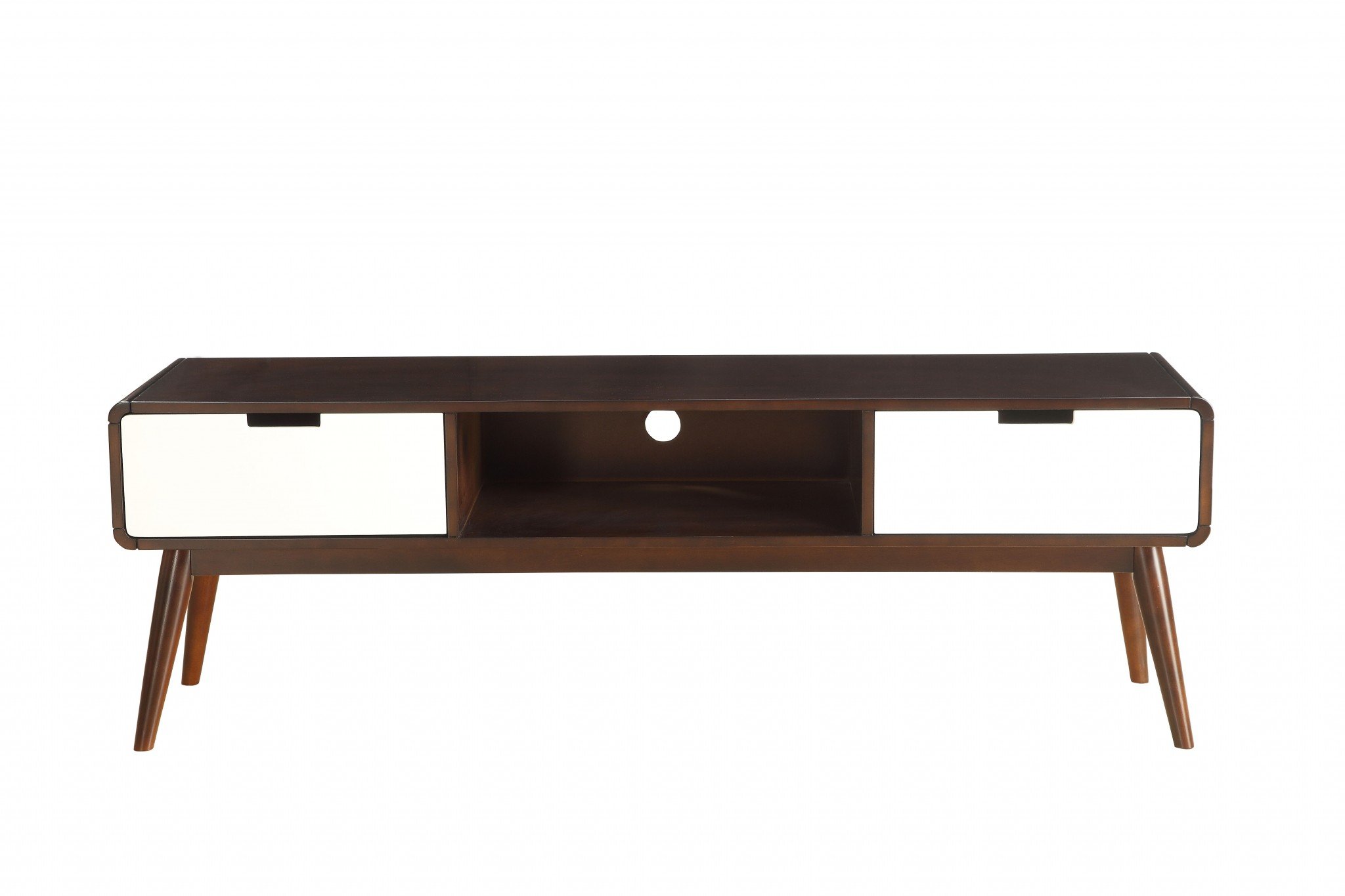 Espresso and white MDF TV stand with two drawers and an open compartment, designed for flat screen TVs.