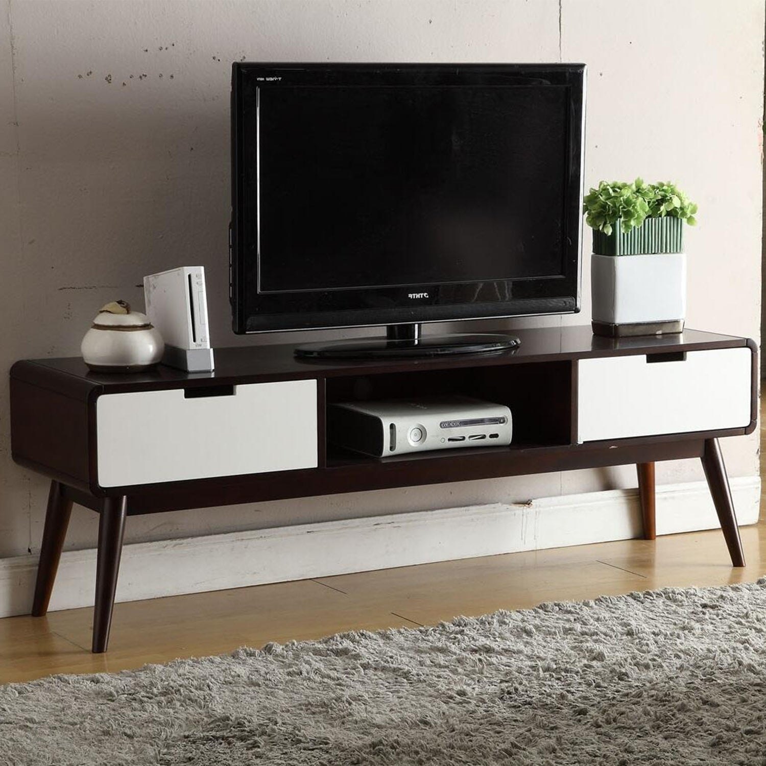 Espresso and white MDF TV stand with two drawers and an open compartment, designed for flat screen TVs.