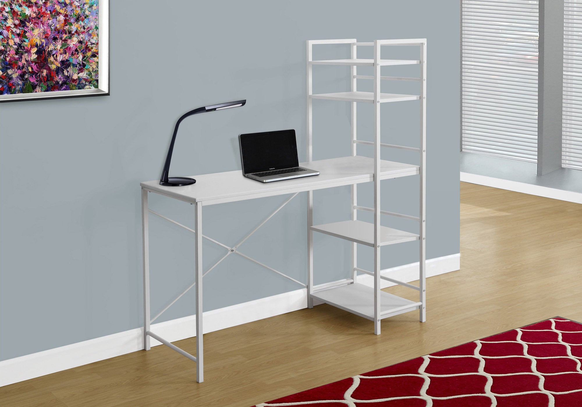 A modern 55-inch MDF and white metal computer desk featuring four shelves, perfect for office or study use.