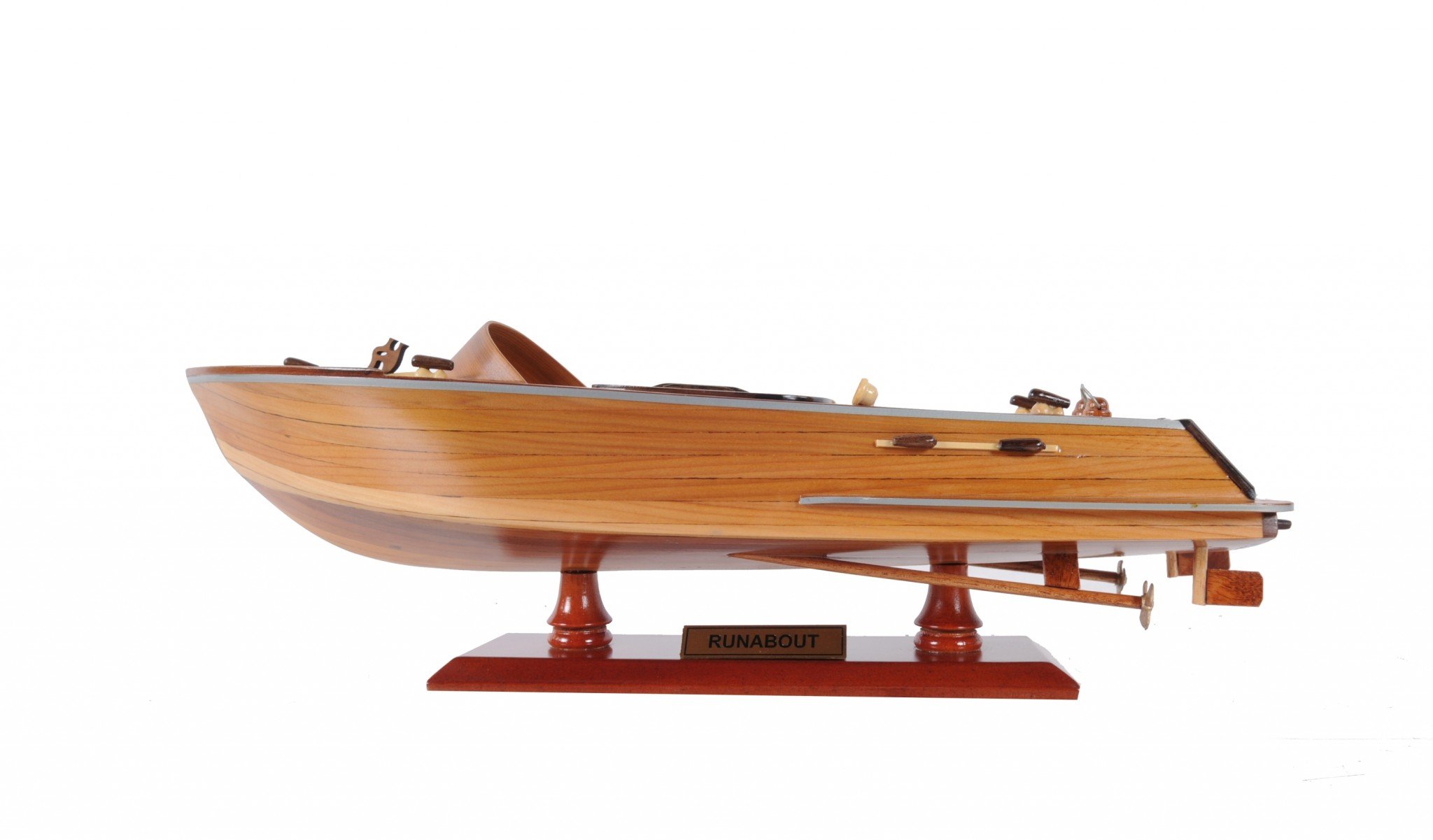 5 inches x 16 inches x 5 inches handcrafted Runabout Canoe model made from mahogany and exotic woods, featuring intricate details and a wooden stand.