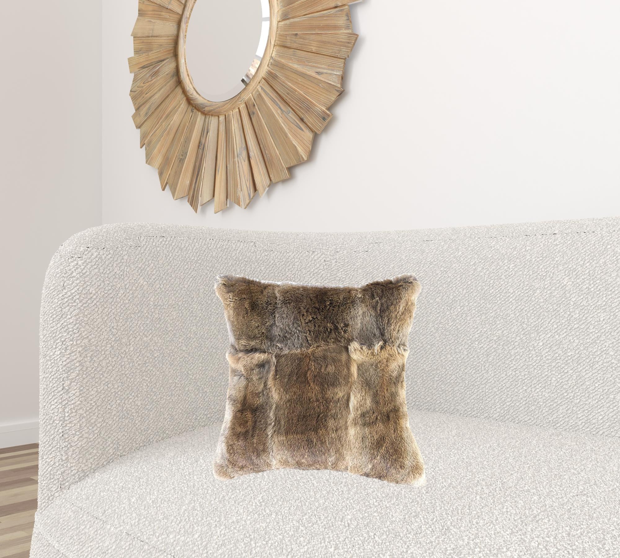 Luxurious 100% natural rabbit fur pillow in hazelnut color, showcasing its soft texture and elegant design.