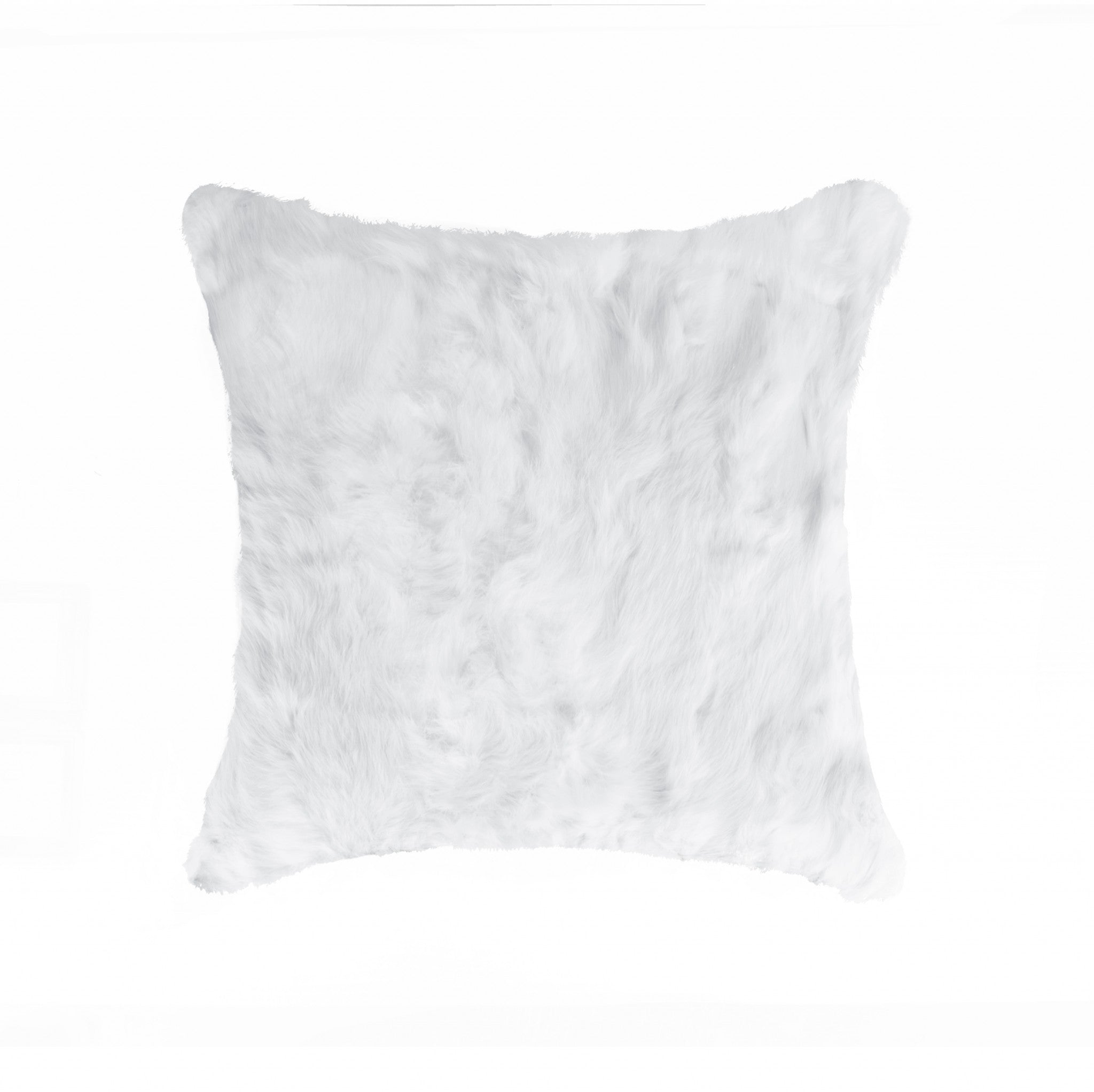 A luxurious 5x18x18 inches white pillow made from 100% natural rabbit fur, showcasing its soft texture and elegant design.