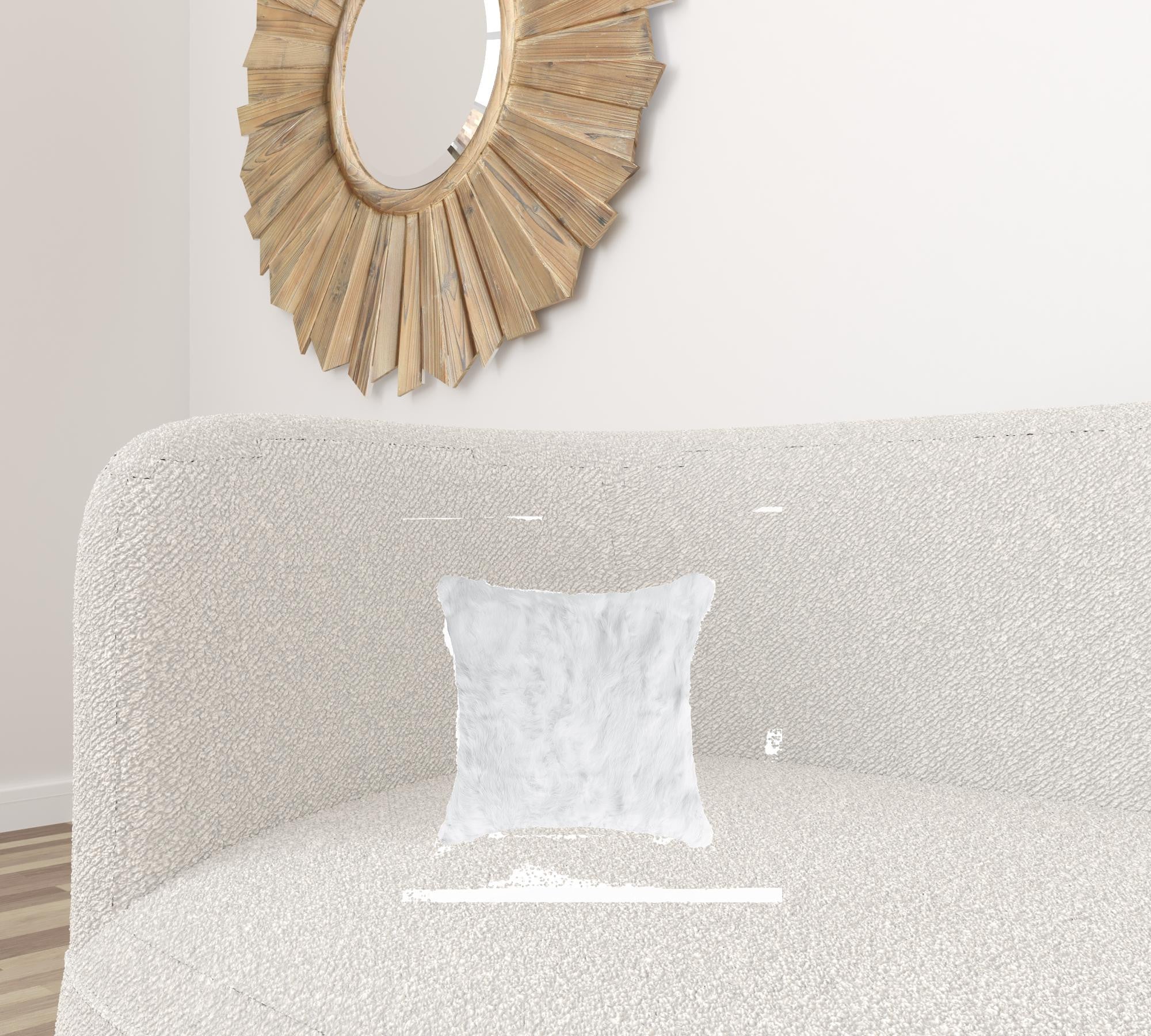 A luxurious 5x18x18 inches white pillow made from 100% natural rabbit fur, showcasing its soft texture and elegant design.