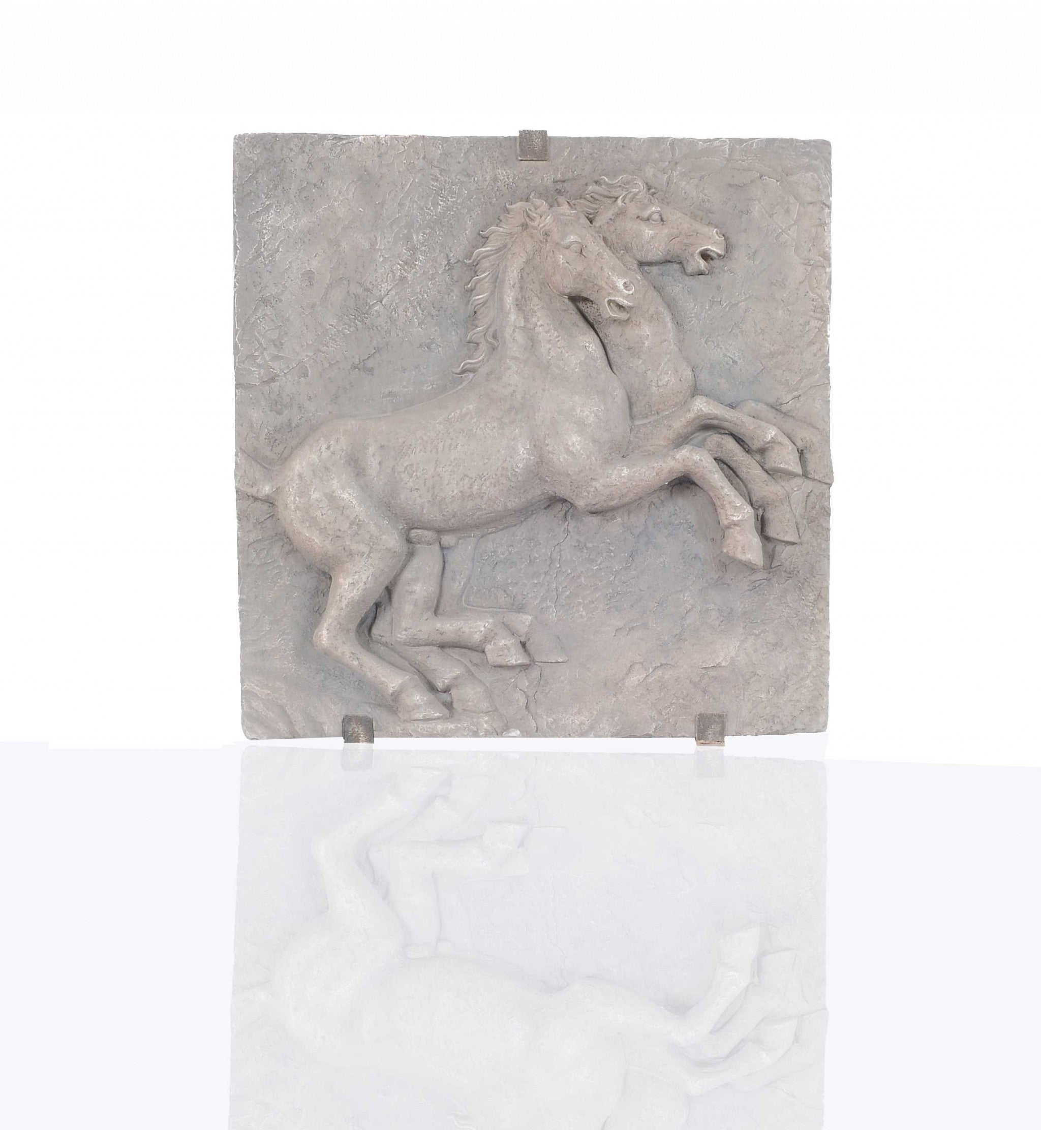 A beautifully crafted resin horse wall decoration featuring two horses on their hind legs with a textured stone finish.