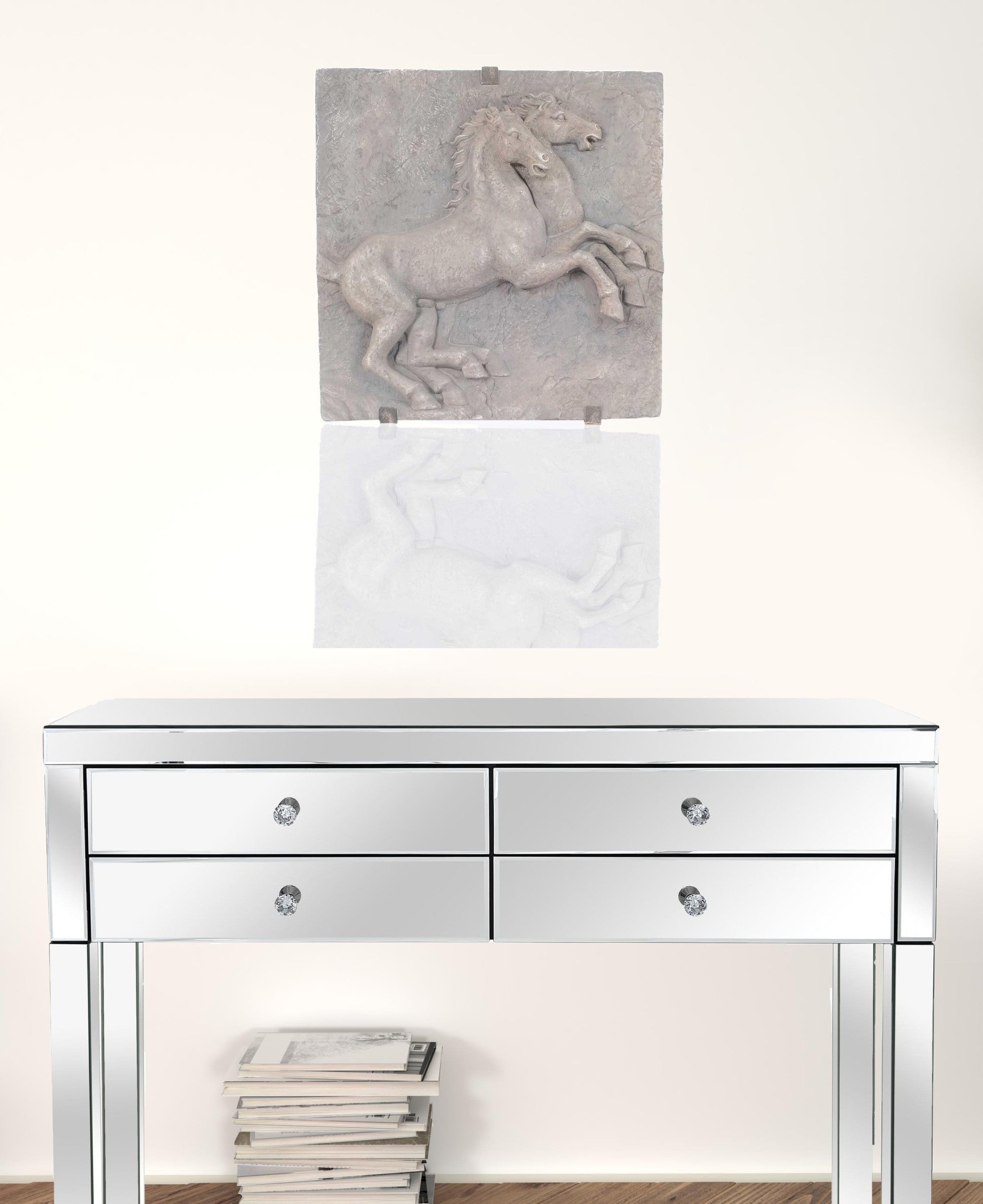 A beautifully crafted resin horse wall decoration featuring two horses on their hind legs with a textured stone finish.