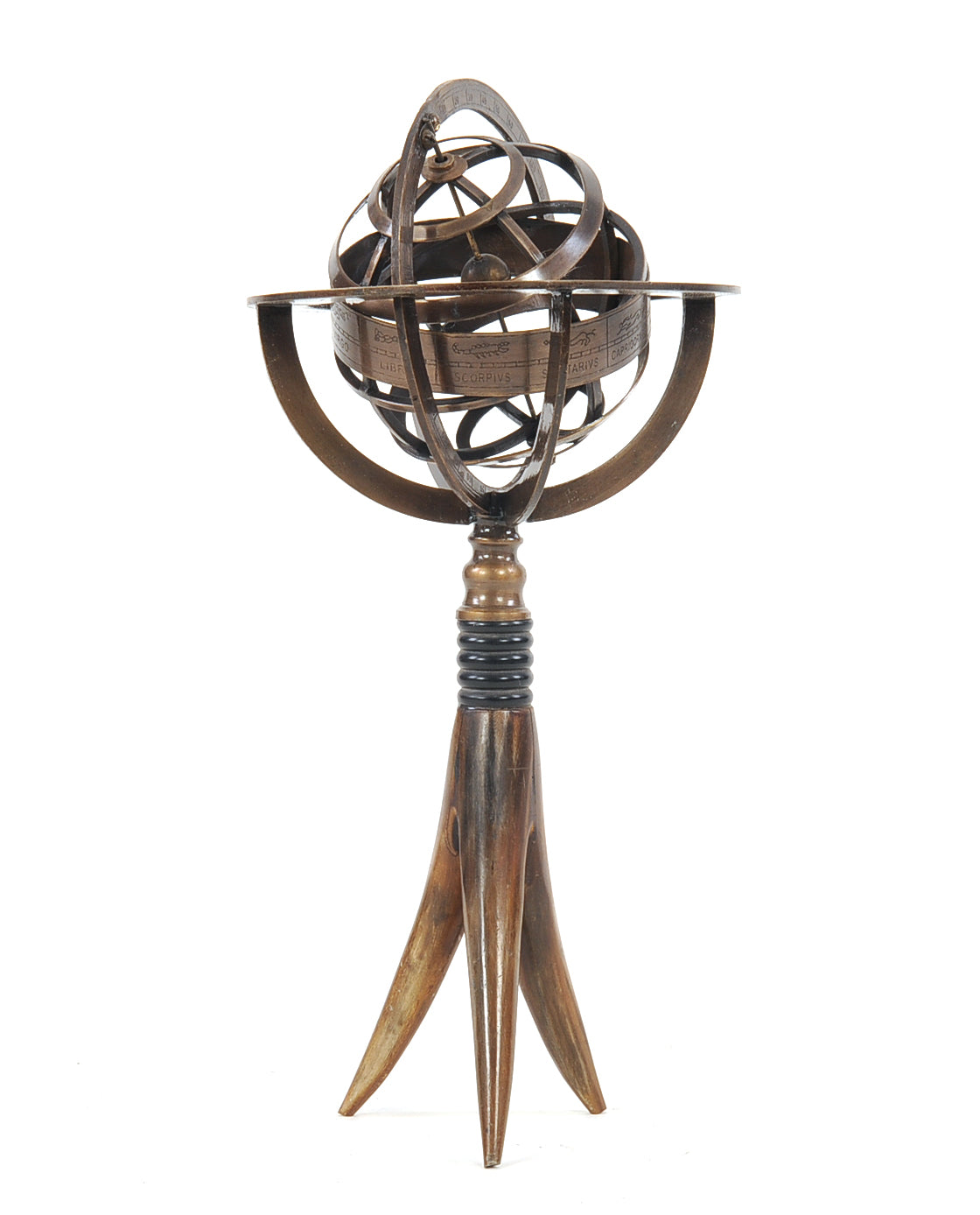 A beautifully crafted brass armillary globe on a buffalo horn stand, showcasing intricate details and a spinning interior.