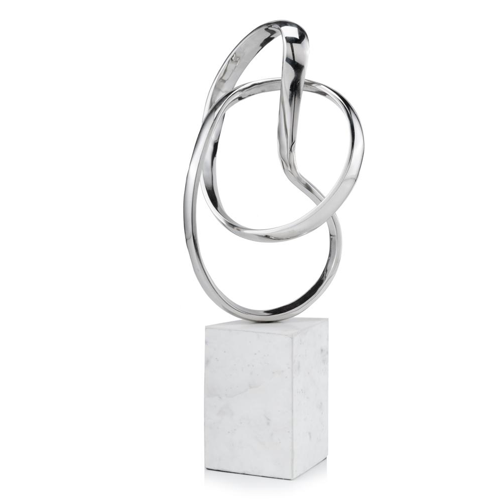 A stylish silver and white aluminum abstract sculpture, showcasing modern design and elegance, perfect for home decor.