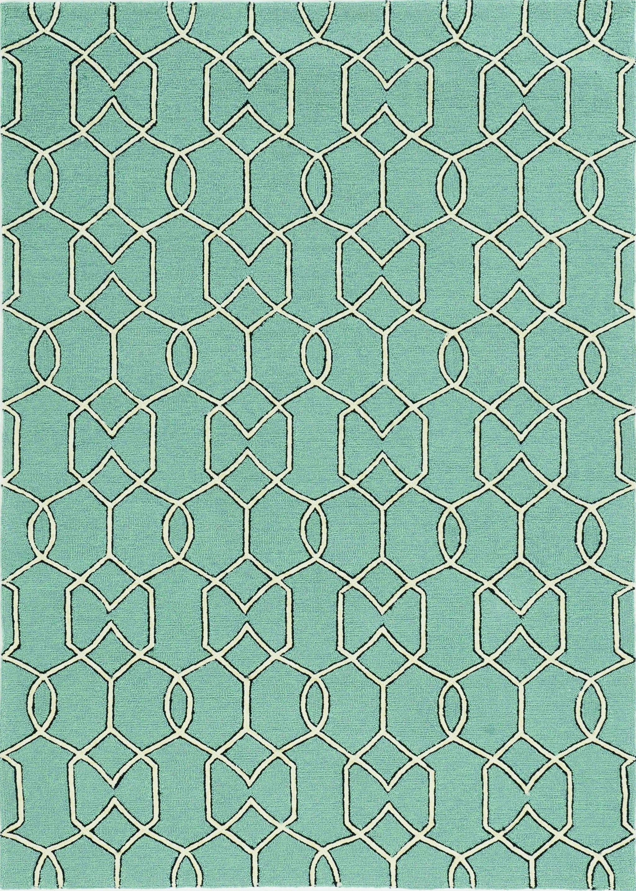 5x7 spa geometric trellis indoor area rug in soothing green color, showcasing intricate hand-hooked design and modern aesthetic.