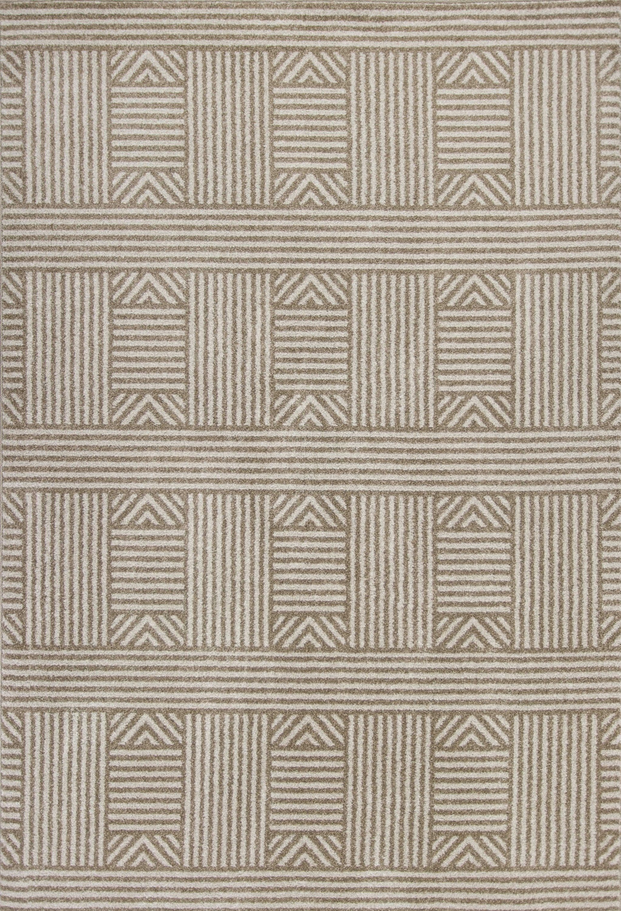 5 inches x 8 inches beige geometric lines area rug, showcasing elegant patterns and UV treated polypropylene material.