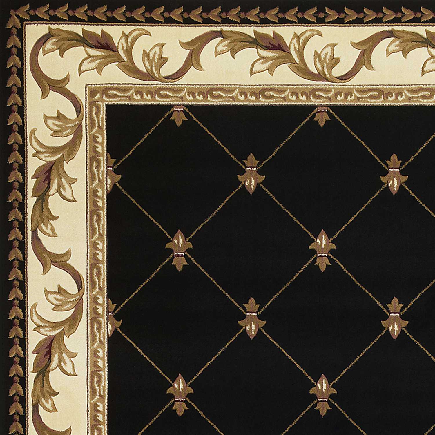 5x8 black fleur-de-lis area rug with diamond border, showcasing intricate patterns and elegant design.