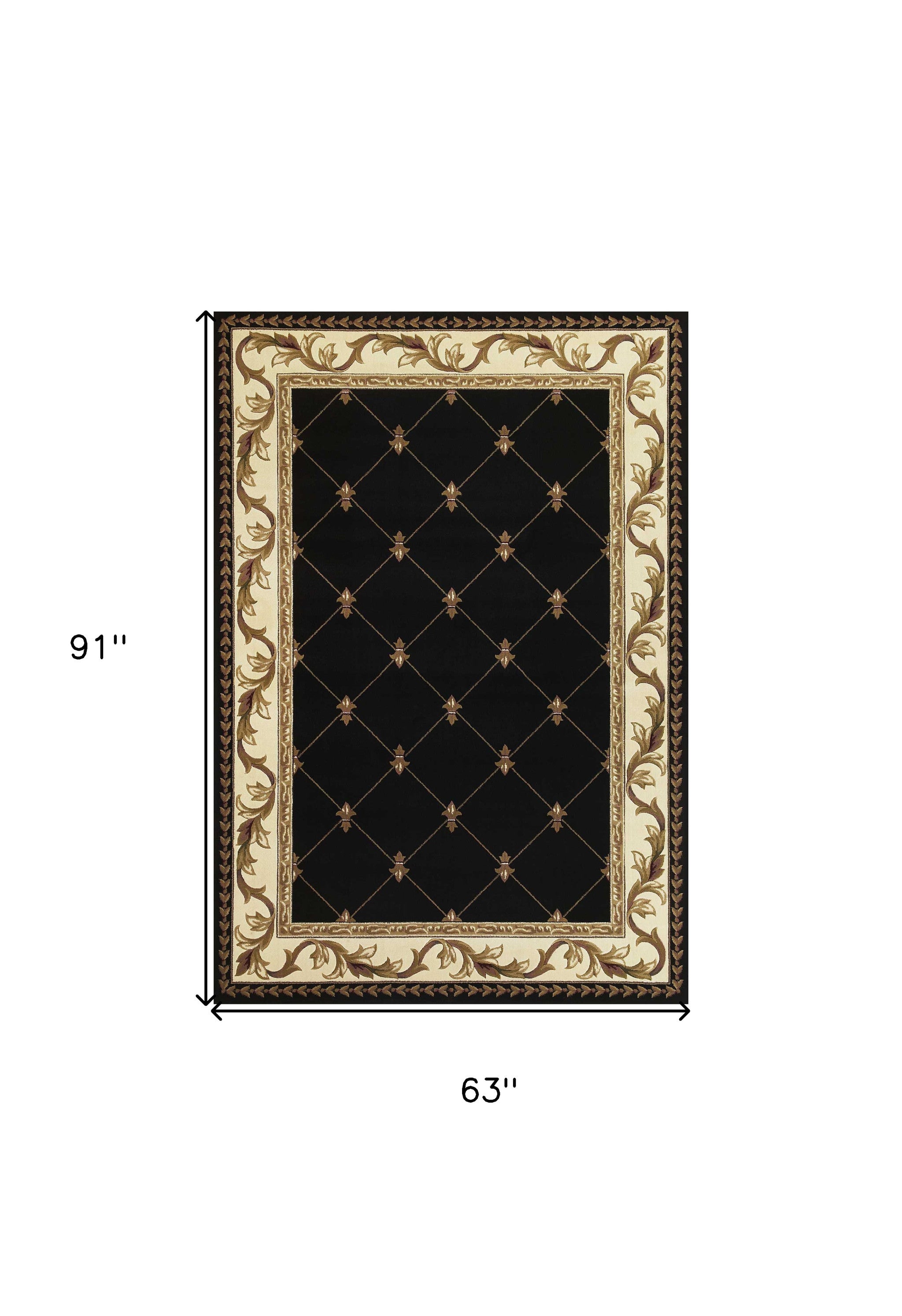 5x8 black fleur-de-lis area rug with diamond border, showcasing intricate patterns and elegant design.