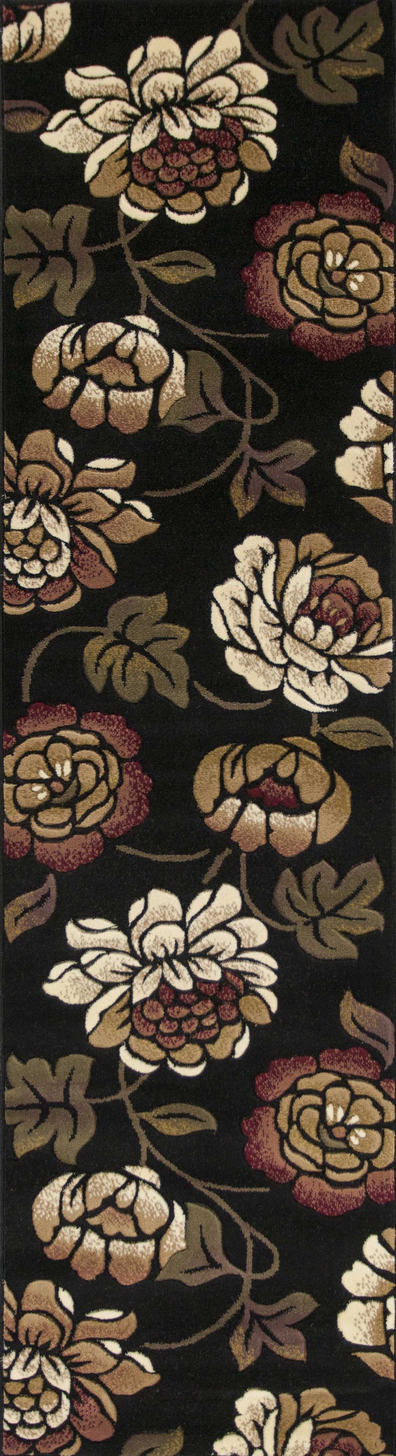 5 inches x 8 inches black floral indoor area rug with Aubusson patterns, showcasing intricate hand-carved details and contemporary design.