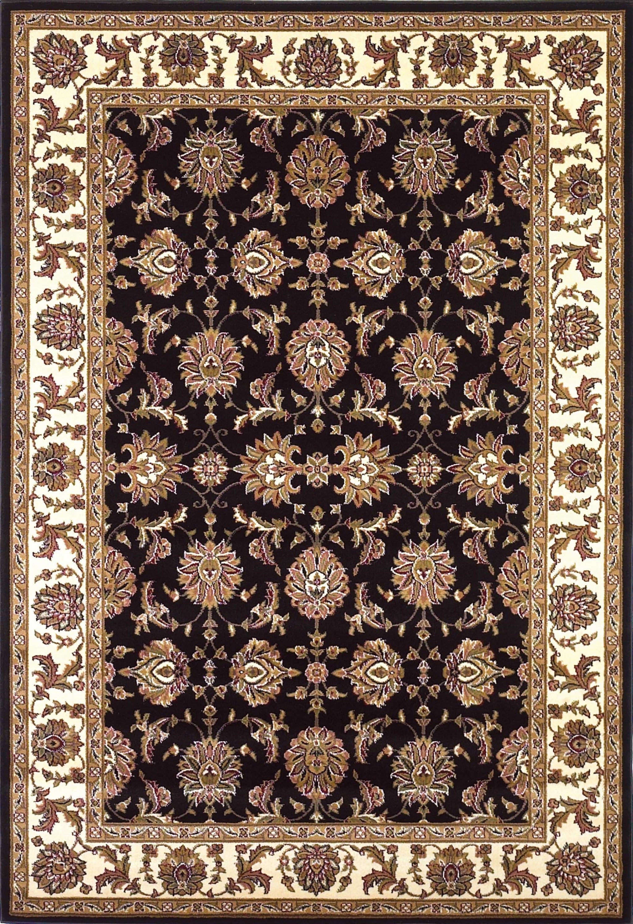 5x8 black and ivory floral bordered area rug showcasing intricate floral patterns and elegant design.