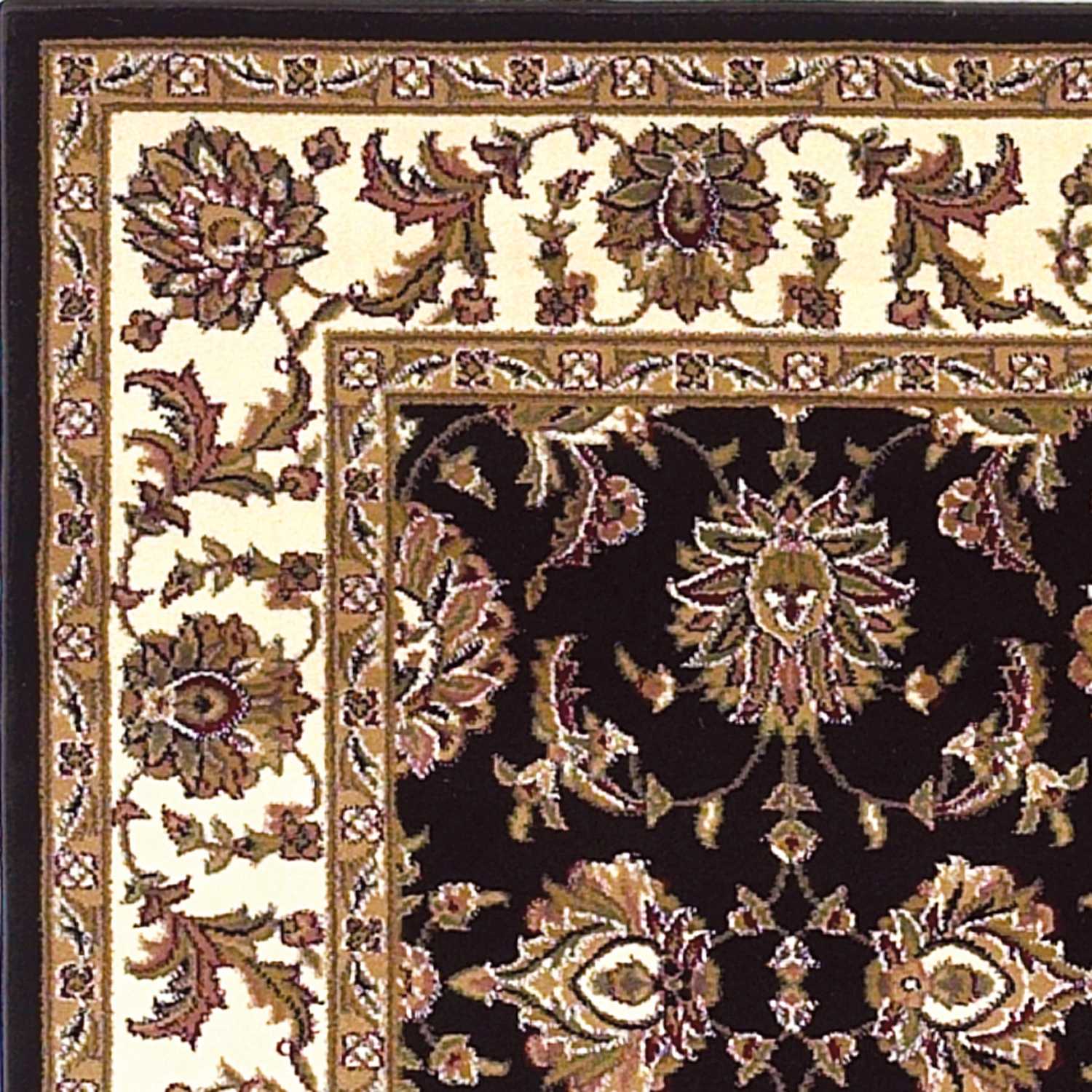 5x8 black and ivory floral bordered area rug showcasing intricate floral patterns and elegant design.