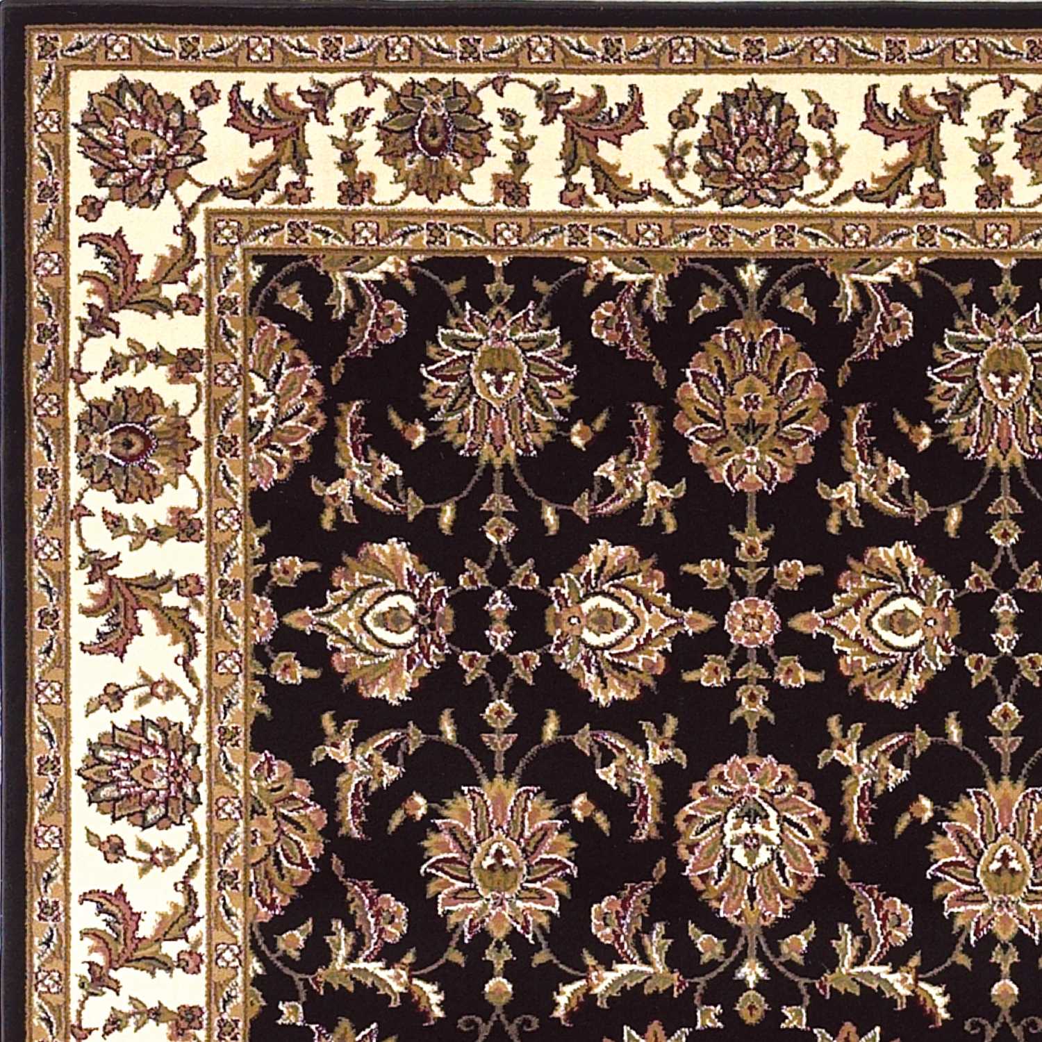 5x8 black and ivory floral bordered area rug showcasing intricate floral patterns and elegant design.