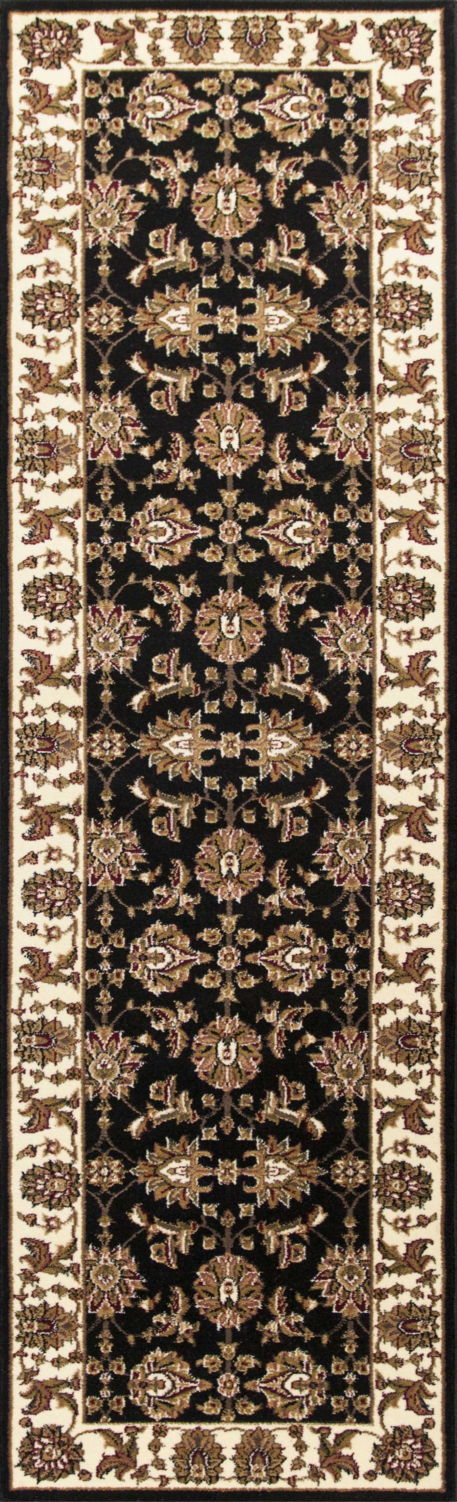 5x8 black and ivory floral bordered area rug showcasing intricate floral patterns and elegant design.