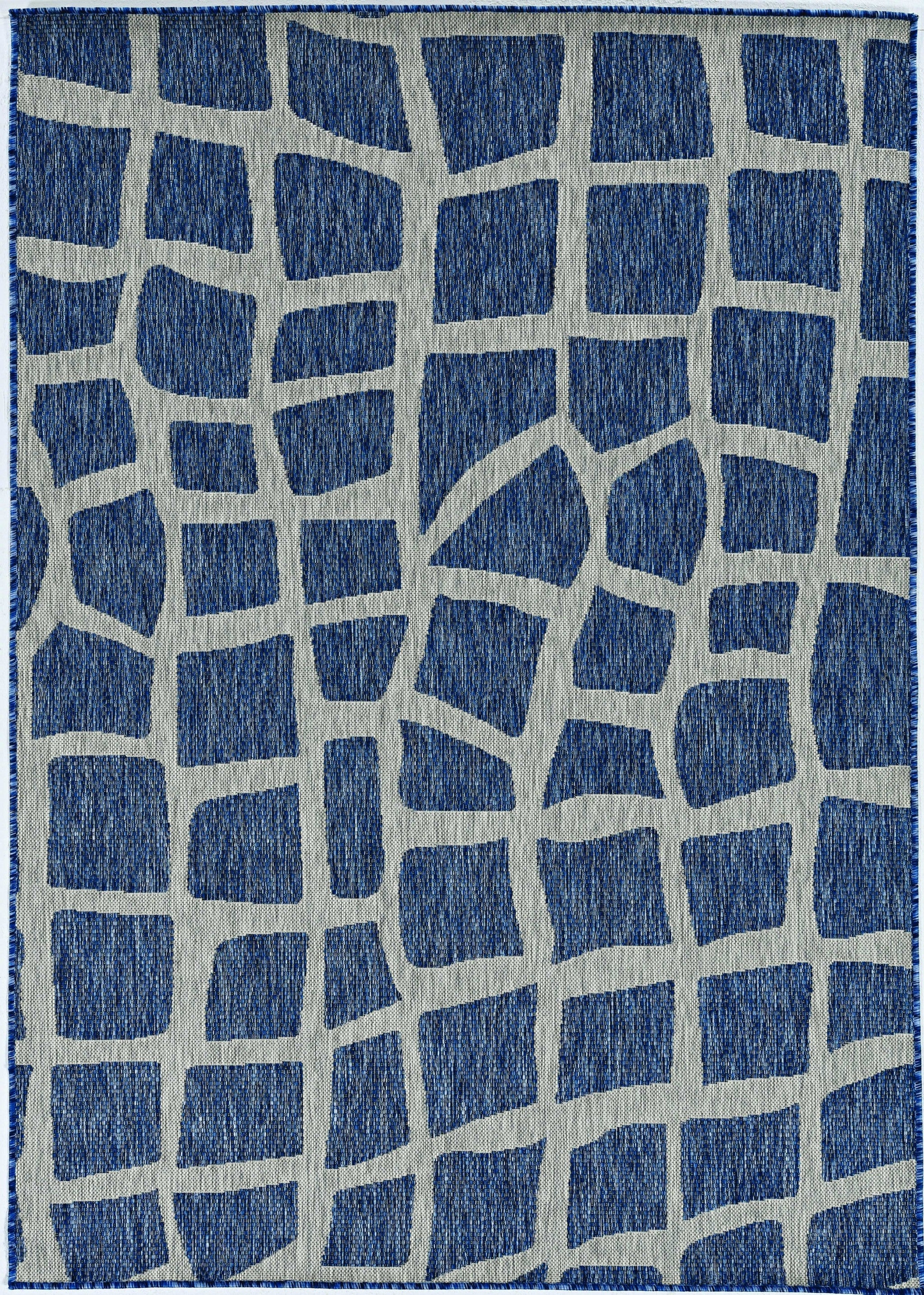 5x8 Blue or Grey Abstract Panels Area Rug, showcasing contemporary design and texture, suitable for indoor and outdoor use.