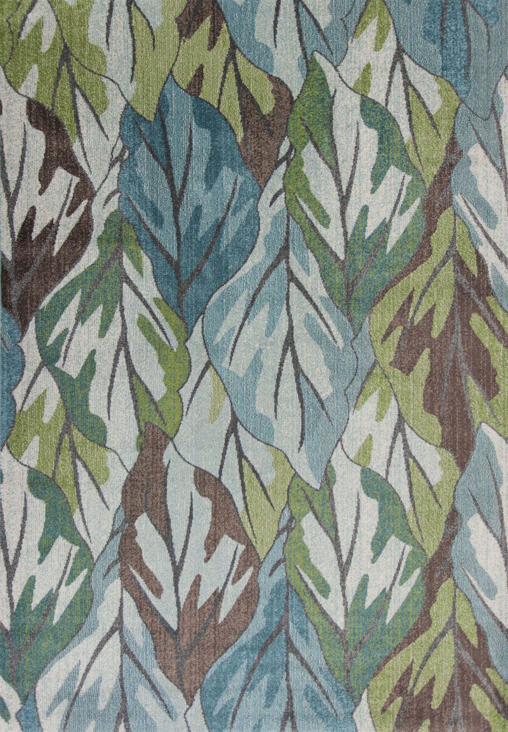 5x8 Blue Tropical Leaves Indoor Area Rug featuring vibrant tropical leaf patterns on a blue background, perfect for enhancing home decor.